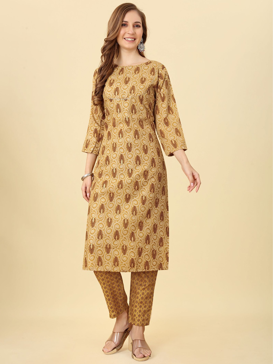

PREMROOP- THE STYLE YOU LOVE Ethnic Motifs Printed Gotta Patti Kurta With Trousers, Mustard