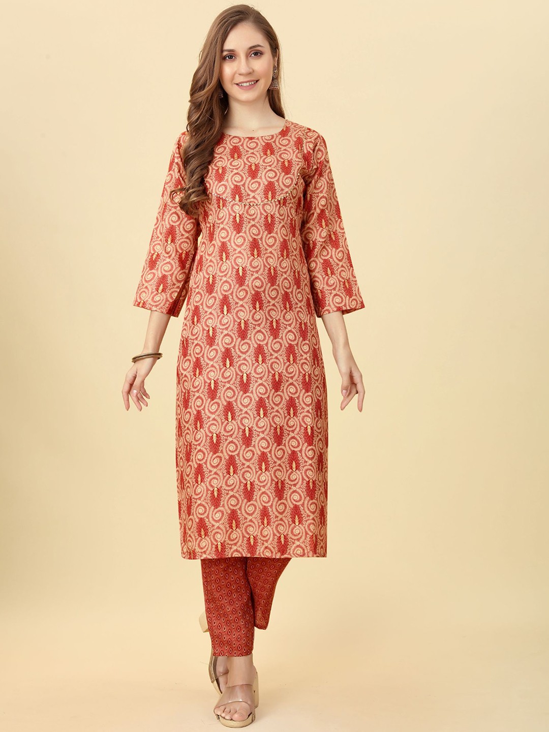 

PREMROOP- THE STYLE YOU LOVE Ethnic Motifs Printed Gotta Patti Kurta With Trousers, Peach
