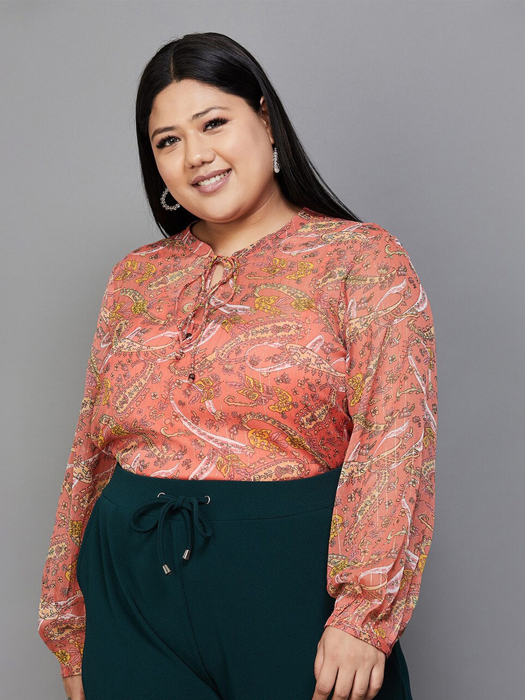

Nexus by Lifestyle Plus Size Floral Printed Tie-Up Neck Top, Pink