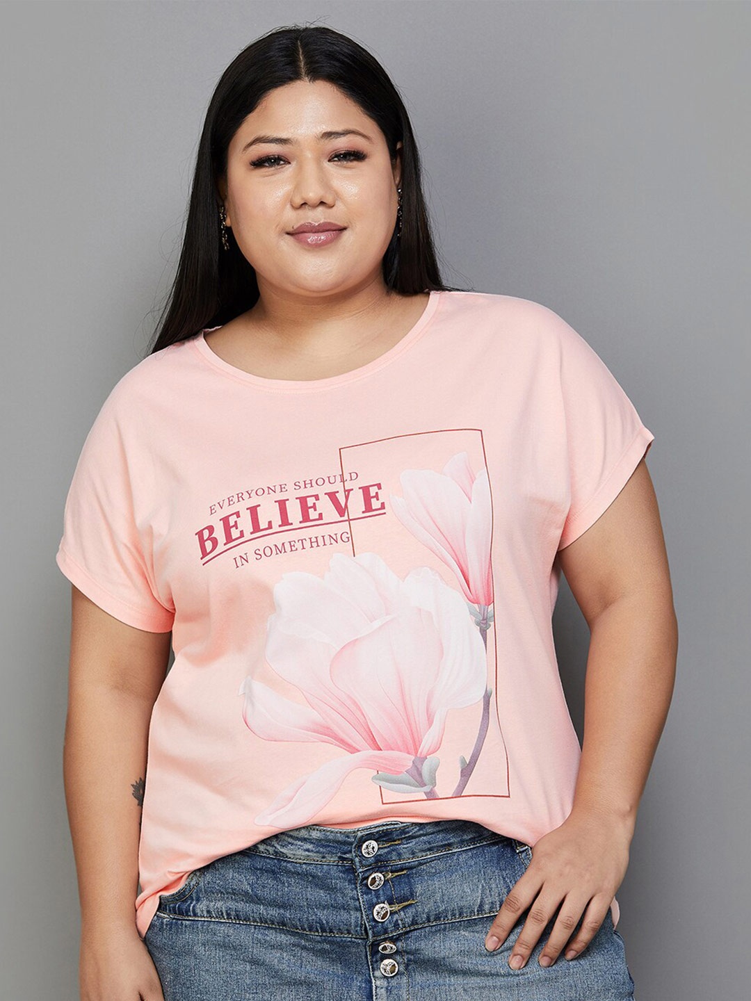 

Nexus by Lifestyle Plus Size Floral Printed Cotton T Shirt, Peach