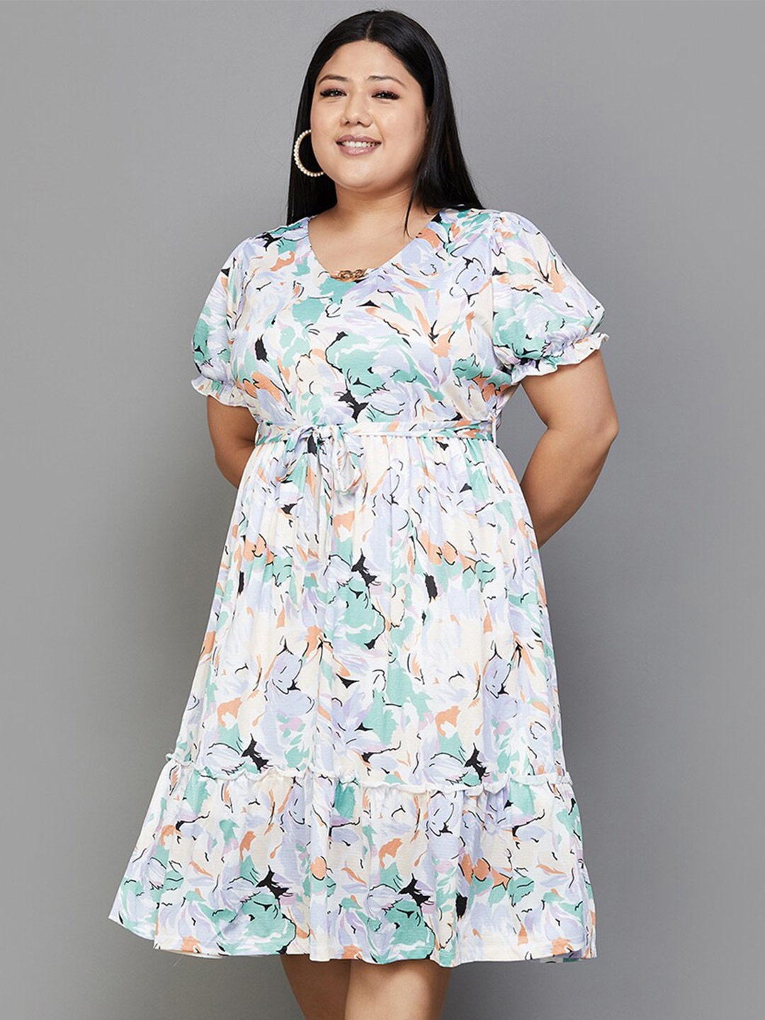 

Nexus by Lifestyle Plus Size Floral Printed V-Neck Puff Sleeves A-Line Midi Dress, Off white