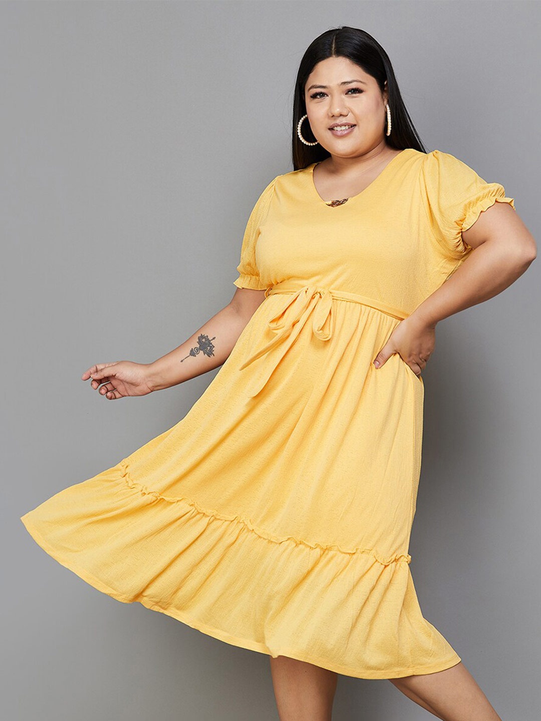 

Nexus by Lifestyle Plus Size V-Neck Puff Sleeves Flounce Hem Pleated A-Line Midi Dress, Orange