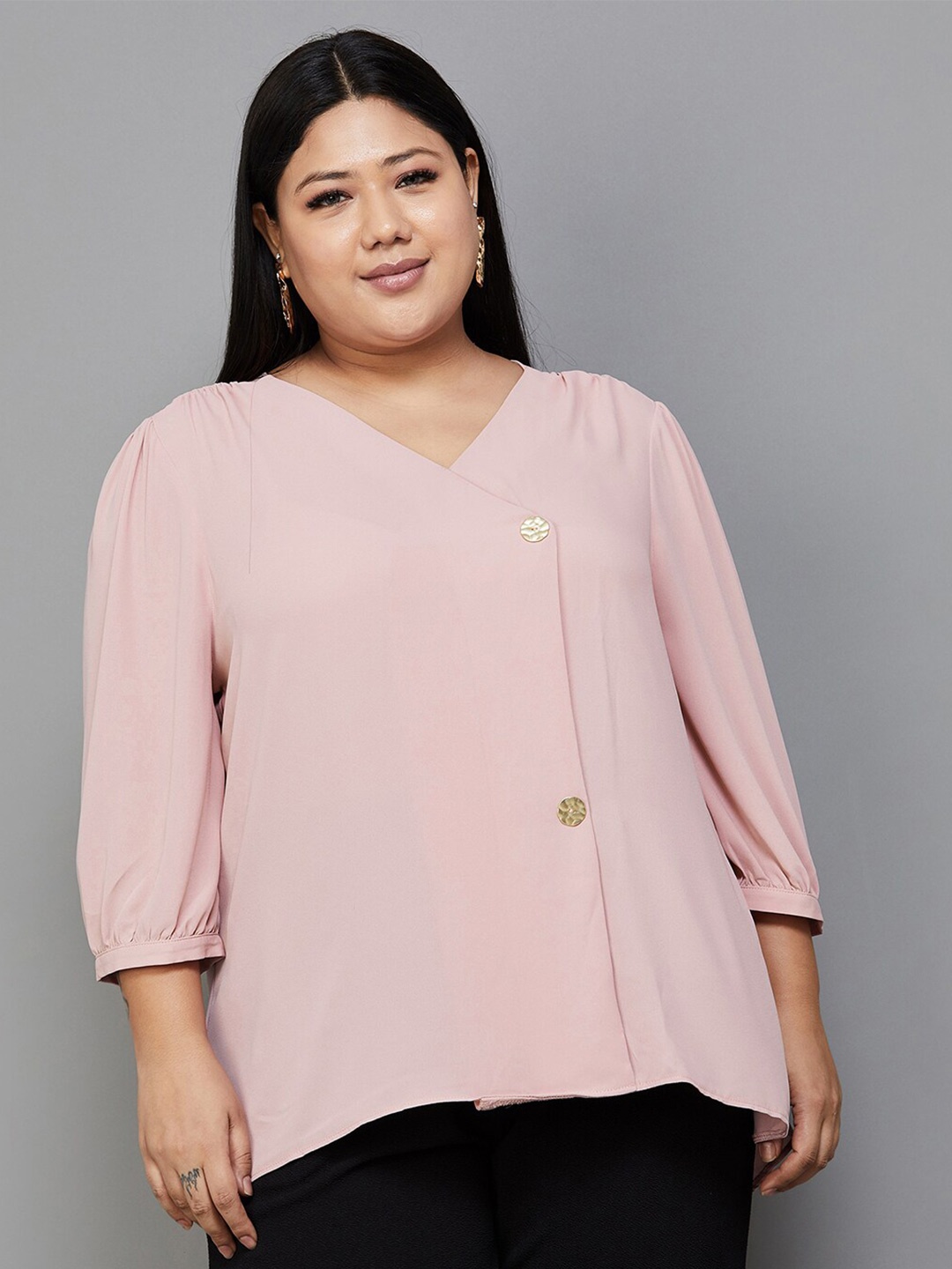 

Nexus by Lifestyle Plus Size V-Neck Puff Sleeve Regular Top, Peach