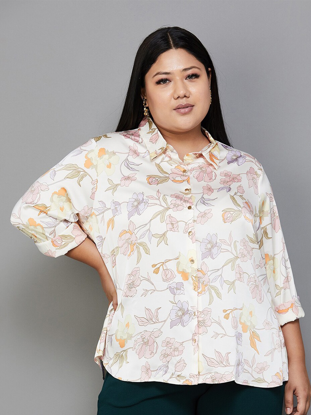 

Nexus by Lifestyle Plus Size Floral Printed Spread Collar Shirt, White