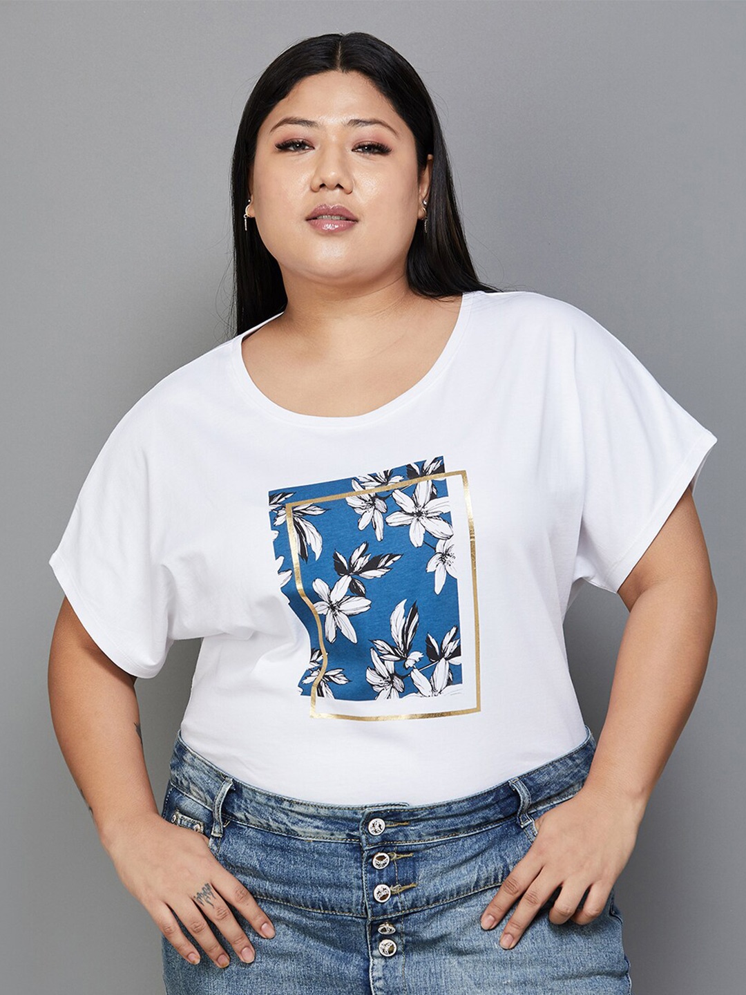 

Nexus by Lifestyle Plus Size Floral Printed Round Neck Cotton T-Shirt, White