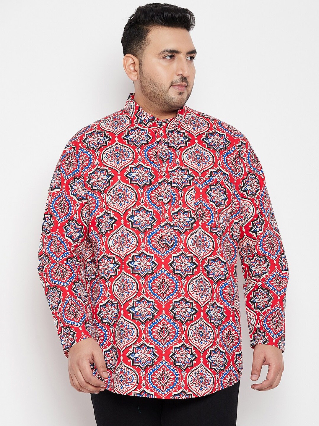 

bigbanana Men Plus Size Ethnic Motifs Printed Pure Cotton Kurta, Red