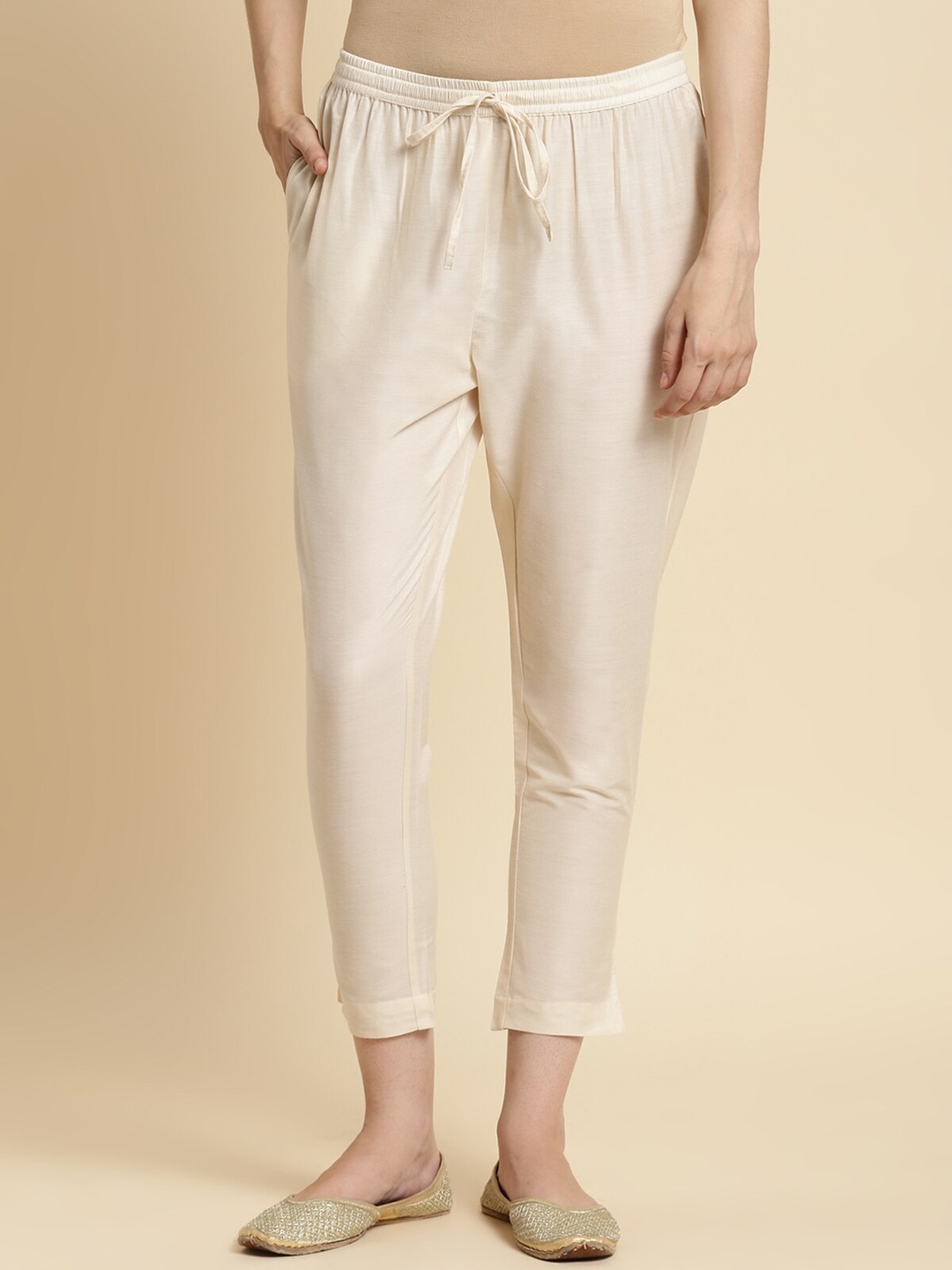 

Rangita Women Relaxed Straight Leg Slim Fit Ethnic Trousers, Cream