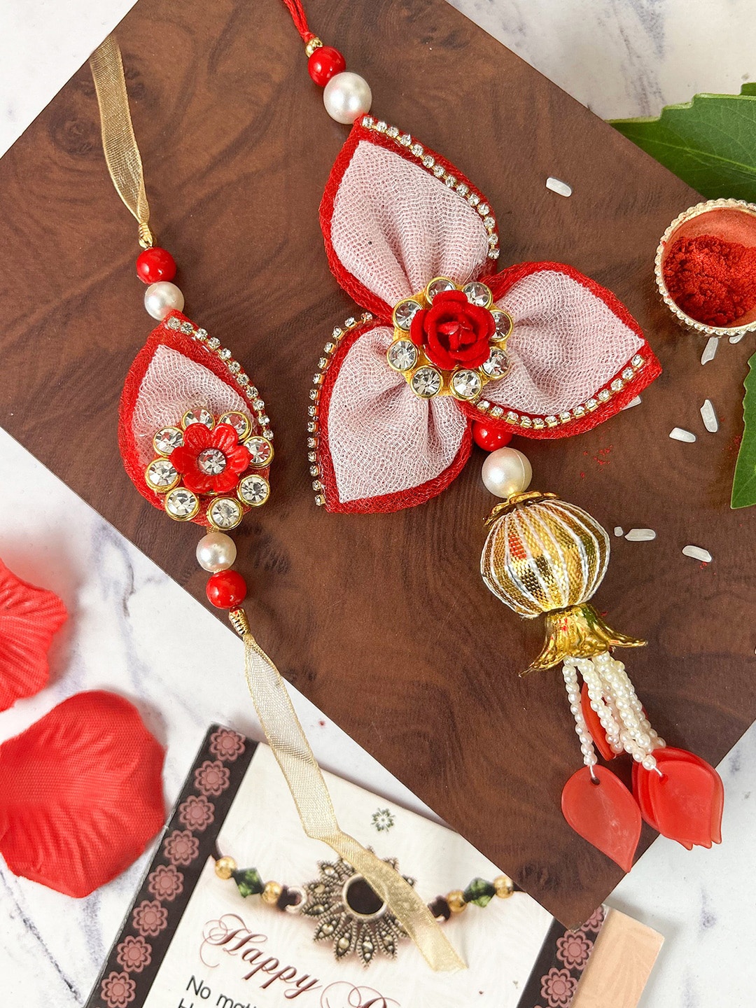 

TIED RIBBONS Set Of 2 Stones Studded & Beaded Rakhi Set, Red