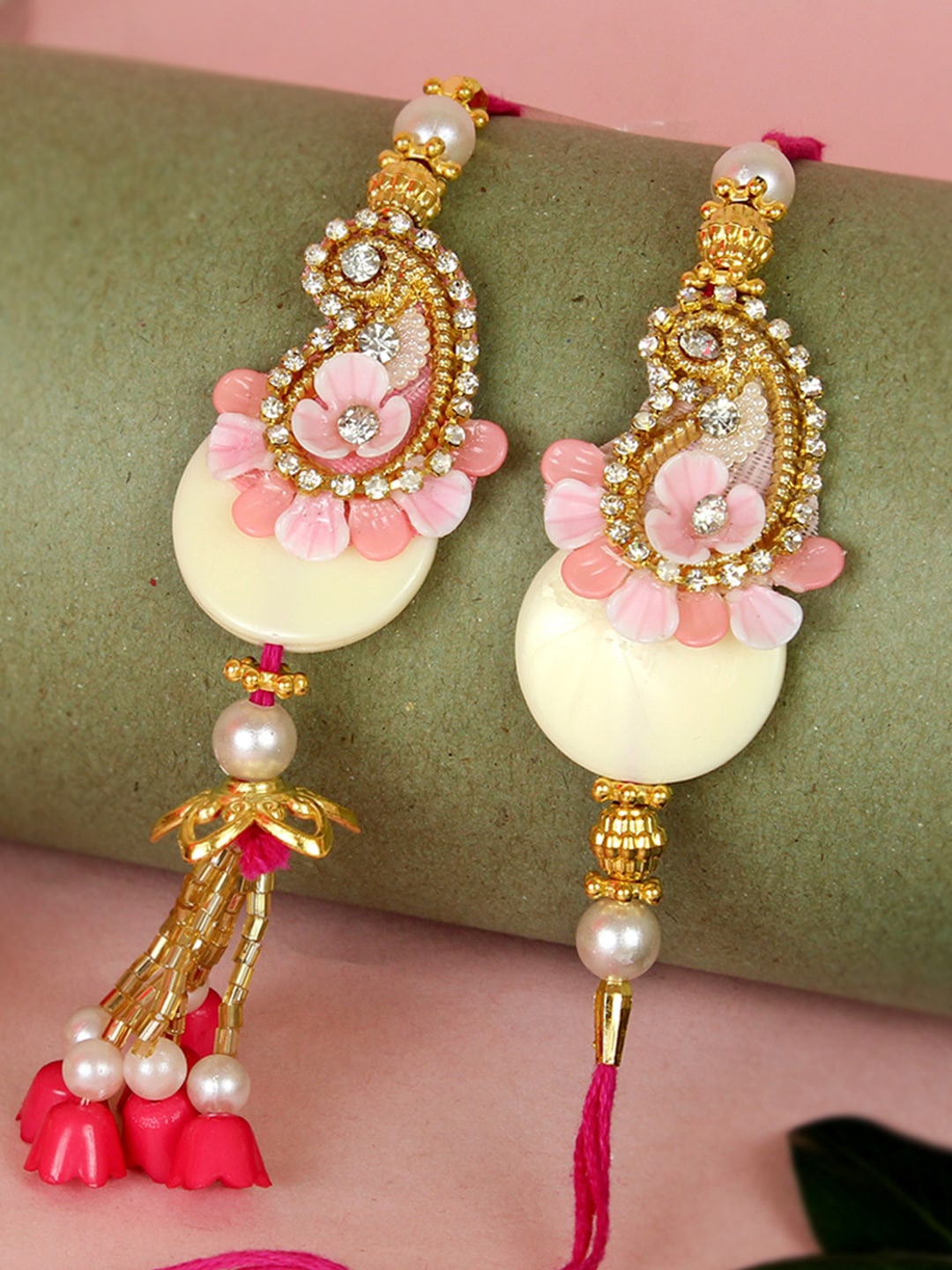 

TIED RIBBONS Set Of 2 Bhaiya Bhabhi Rakhis, Pink