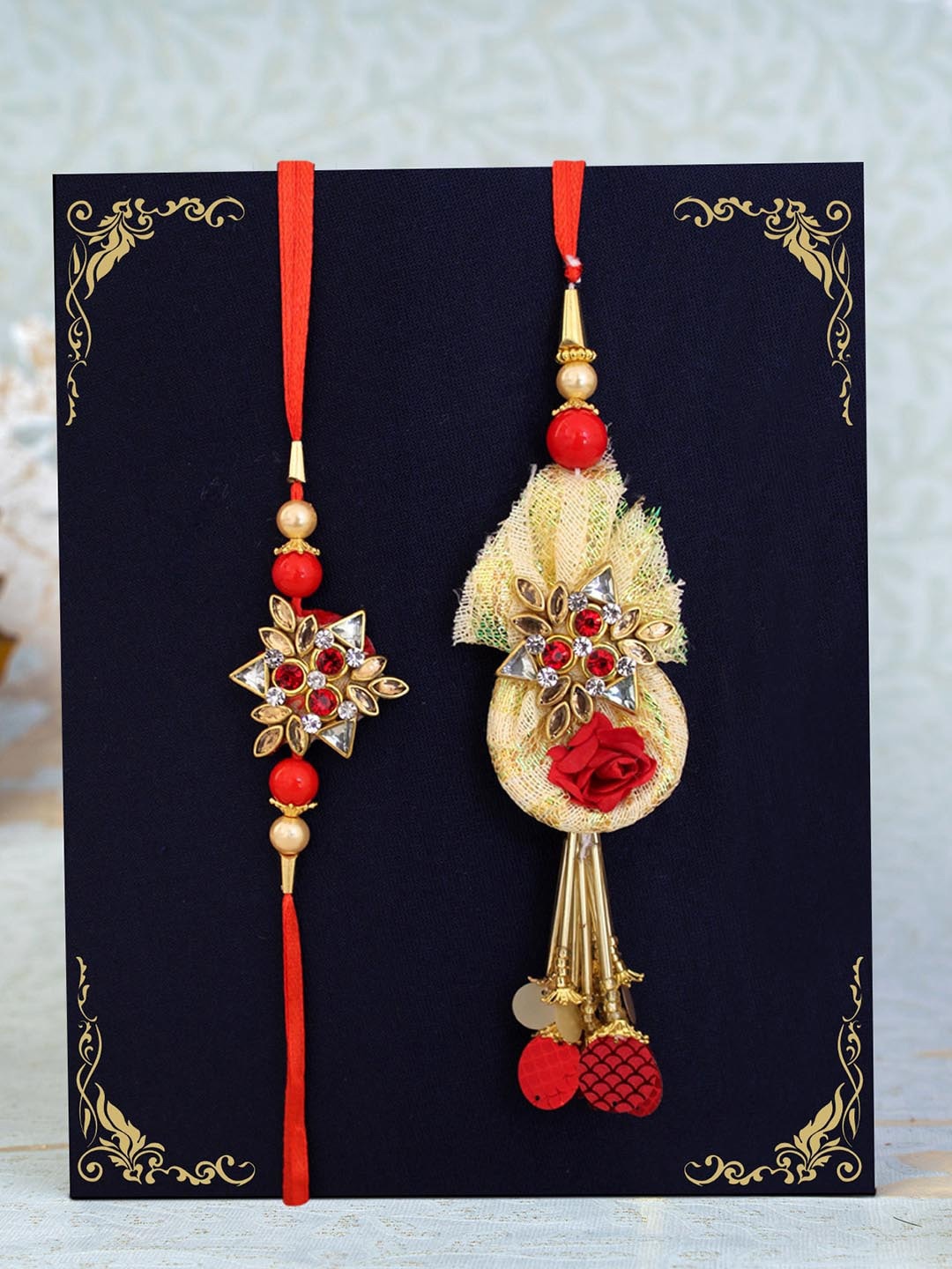 

TIED RIBBONS Set Of 2 Bhaiya Bhabhi Rakhis, Red