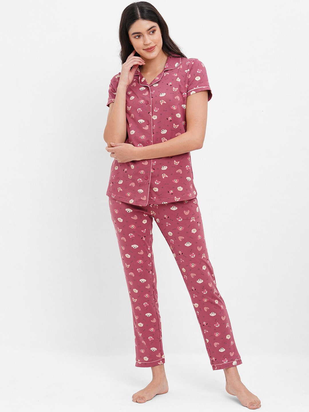 

Sweet Dreams Maroon & White Conversational Printed Lapel Collar Pure Cotton Night suit