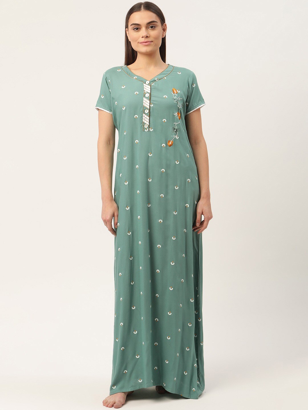 

Sweet Dreams Conversational Printed Thread Work Maxi Nightdress, Green