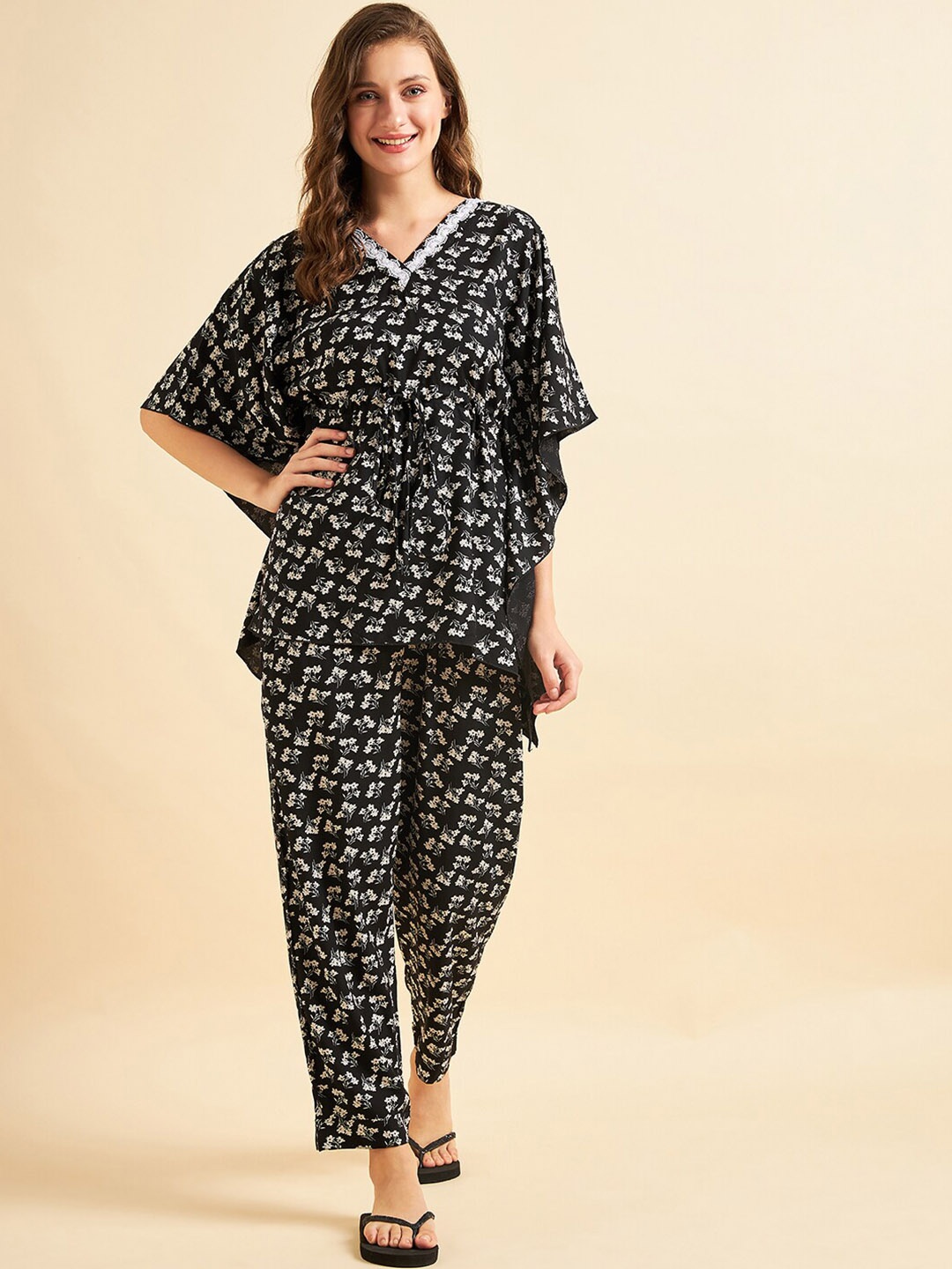 

Sweet Dreams Black & White Floral Printed V-Neck Night suit
