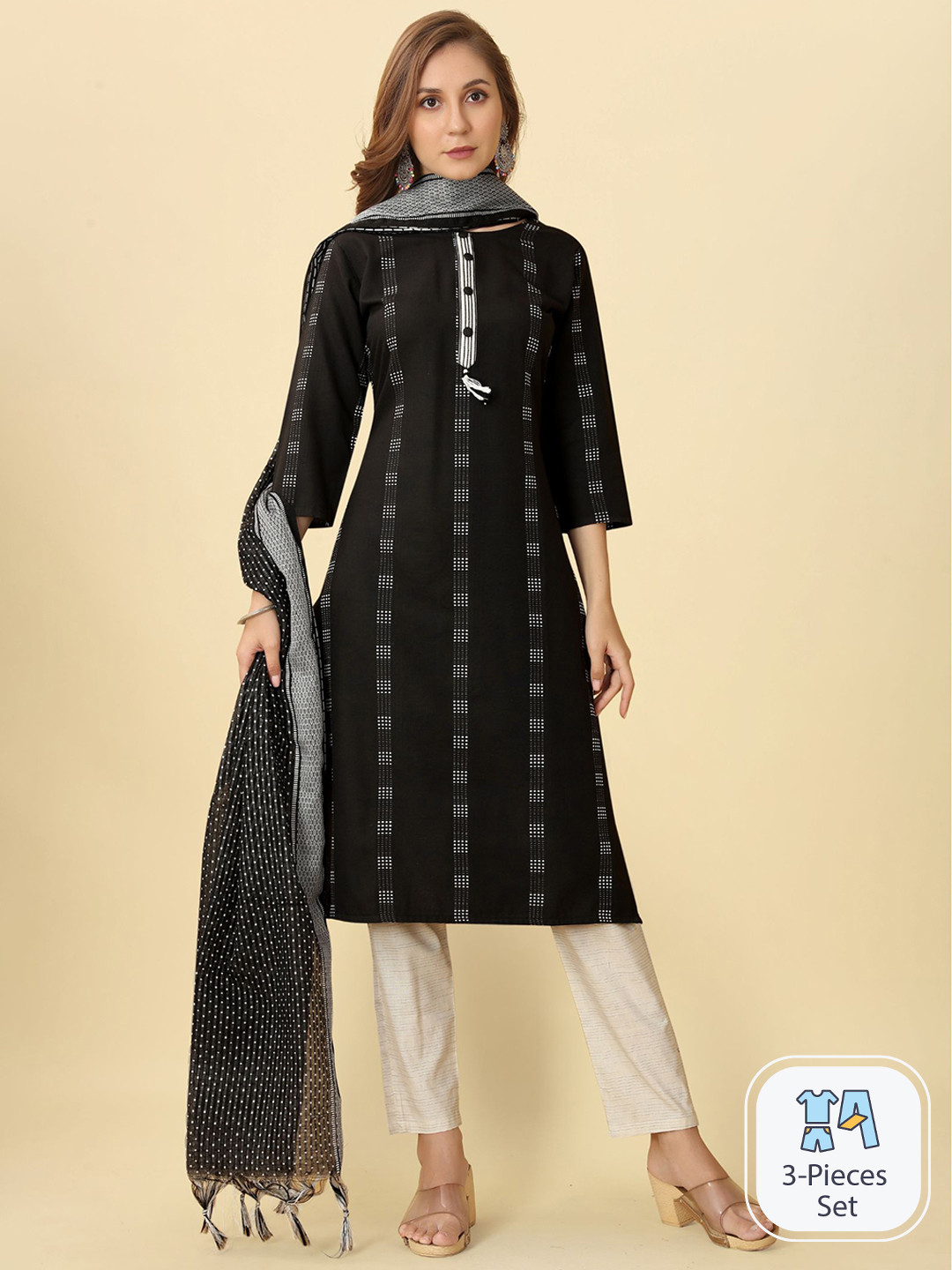 

PREMROOP- THE STYLE YOU LOVE Geometric Woven Design Kurta With Trousers & Dupatta, Black
