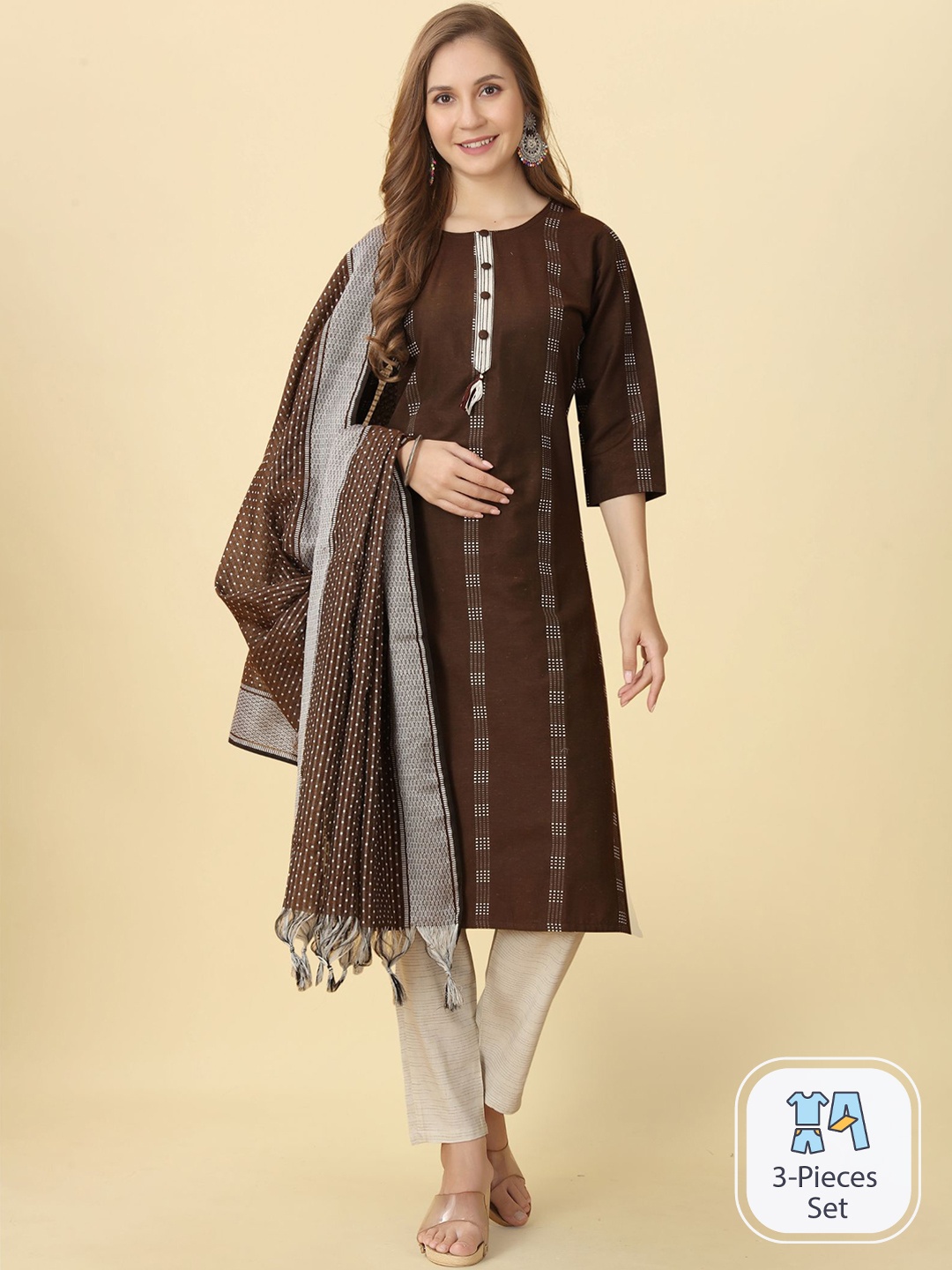 

PREMROOP- THE STYLE YOU LOVE Geometric Pure Cotton Kurta With Trousers & Dupatta, Brown