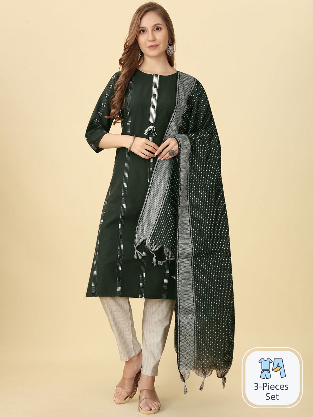 

PREMROOP- THE STYLE YOU LOVE Striped Round Neck Kurta Set With Dupatta, Green