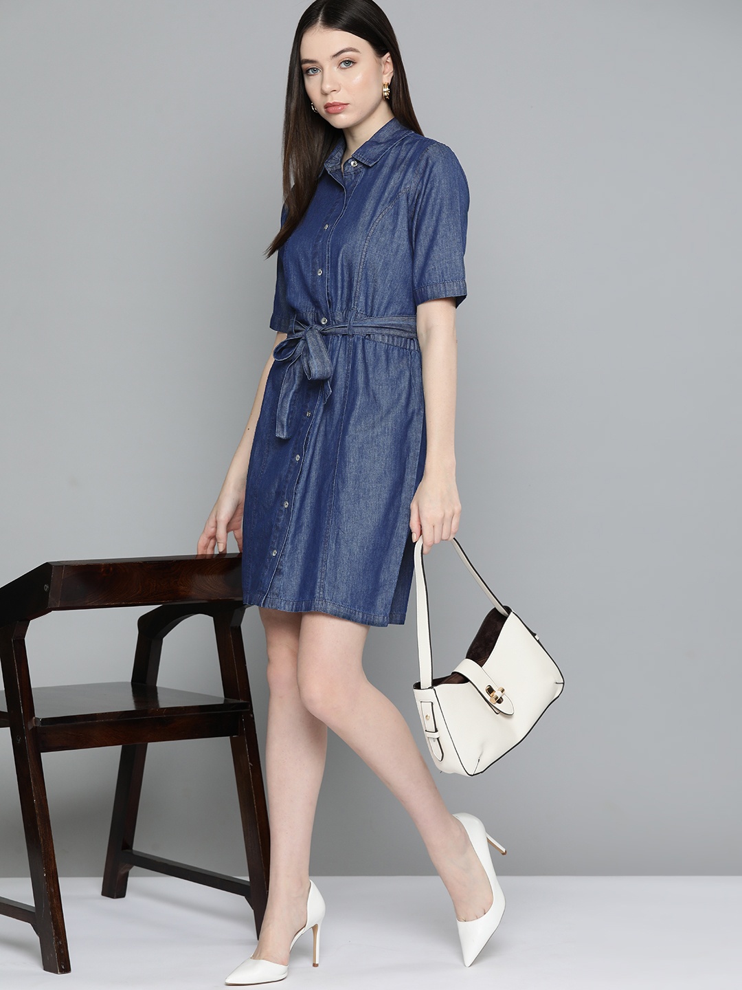 

Chemistry Solid Cotton Denim Shirt Dress, Navy blue