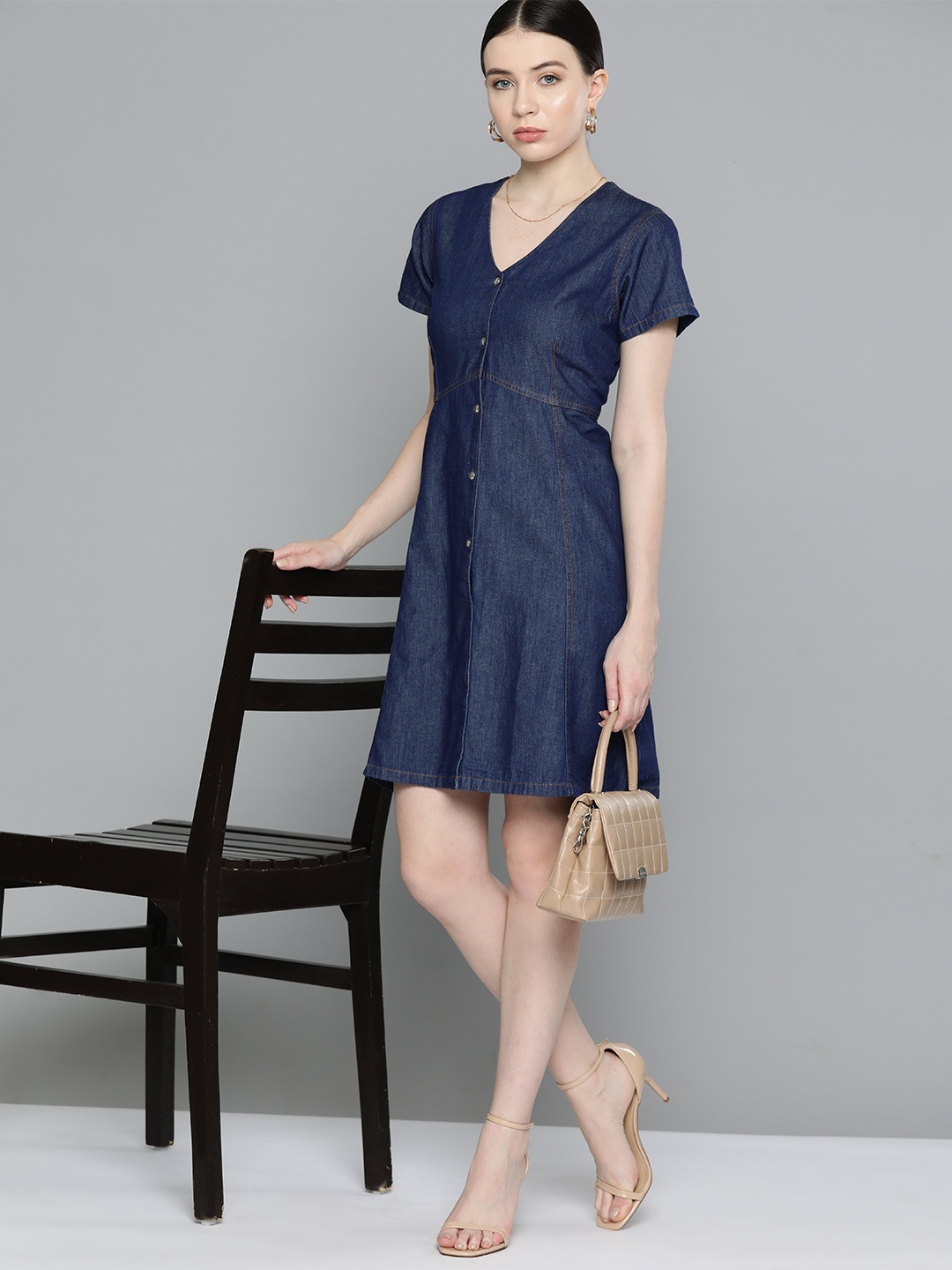 

Chemistry Solid Cotton A-Line Dress, Navy blue