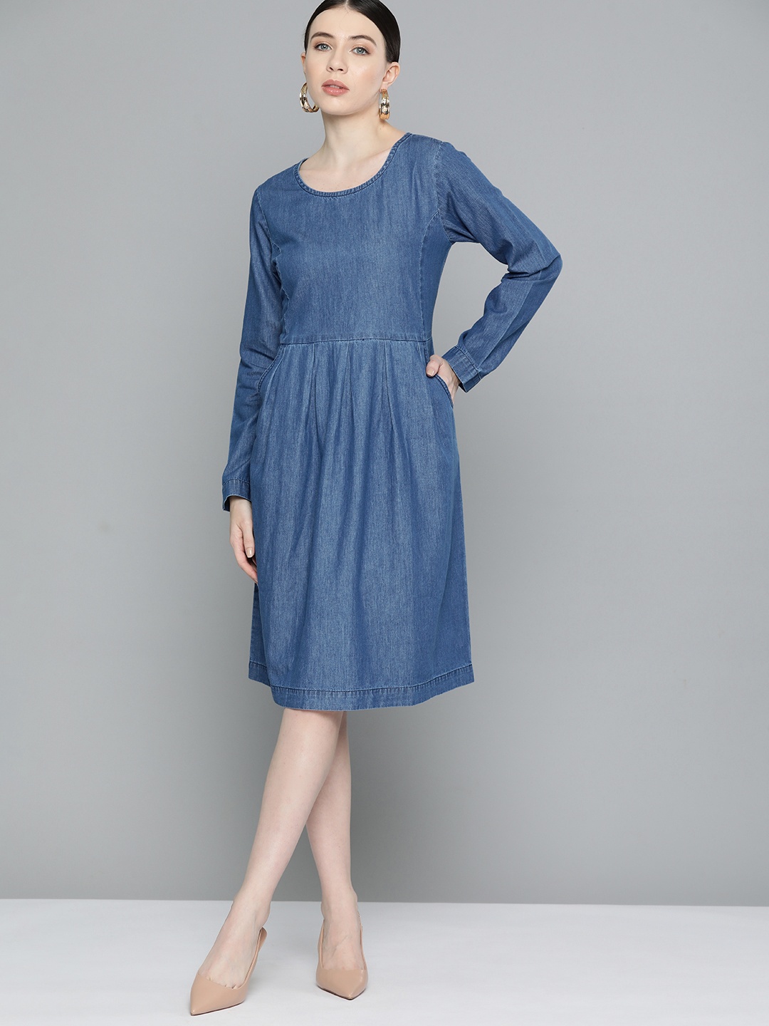 

Chemistry Solid A-Line Denim Dress, Blue