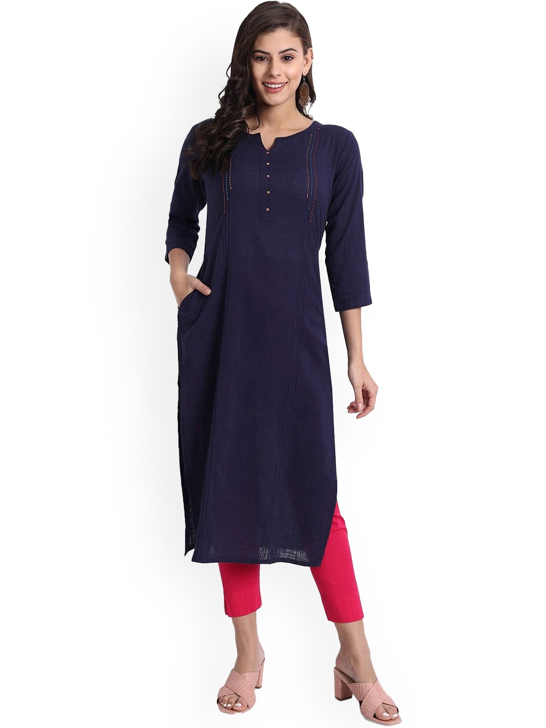 

SUTI Women Cotton Slub Straight Kurta, Navy blue