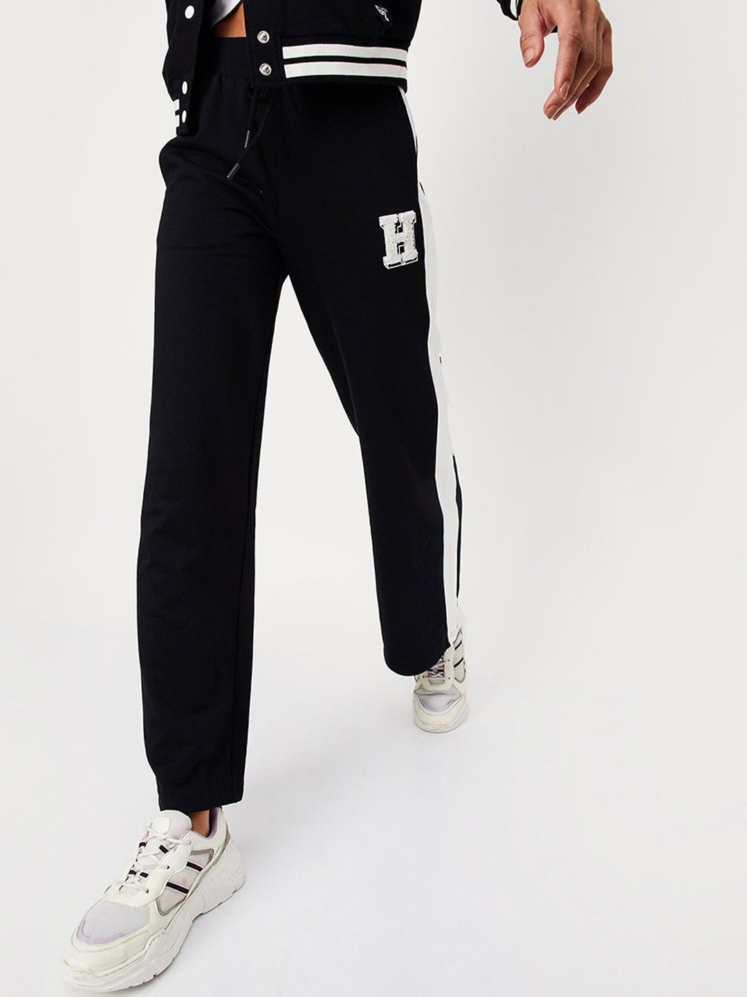 

max Women Typography Printed Mid Rise Pure Cotton Track Pants, Black