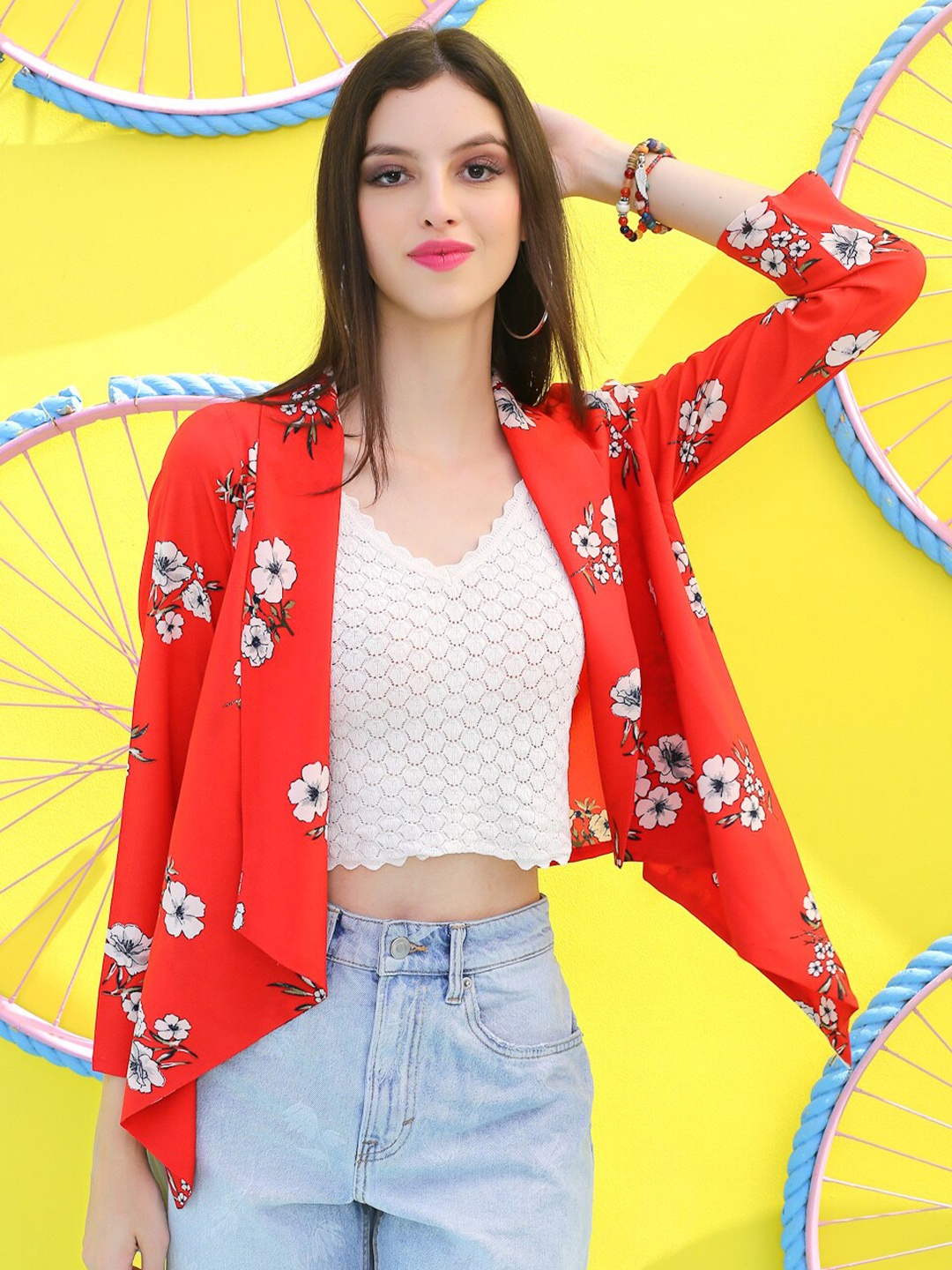 

Sera Red & White Floral Printed Crop Open Front Shrug