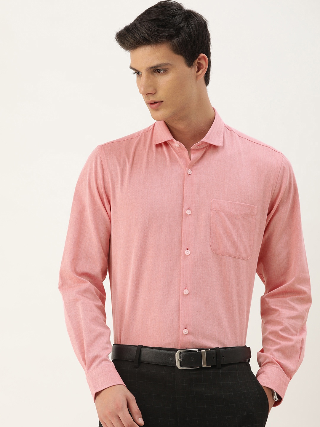 

Peter England Men Slim Fit Opaque Self Design Formal Shirt, Peach