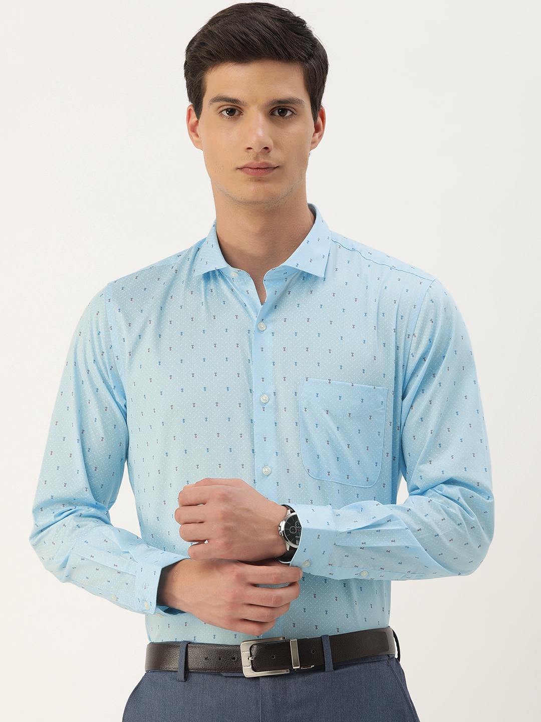 

Peter England Men Slim Fit Opaque Printed Formal Shirt, Blue