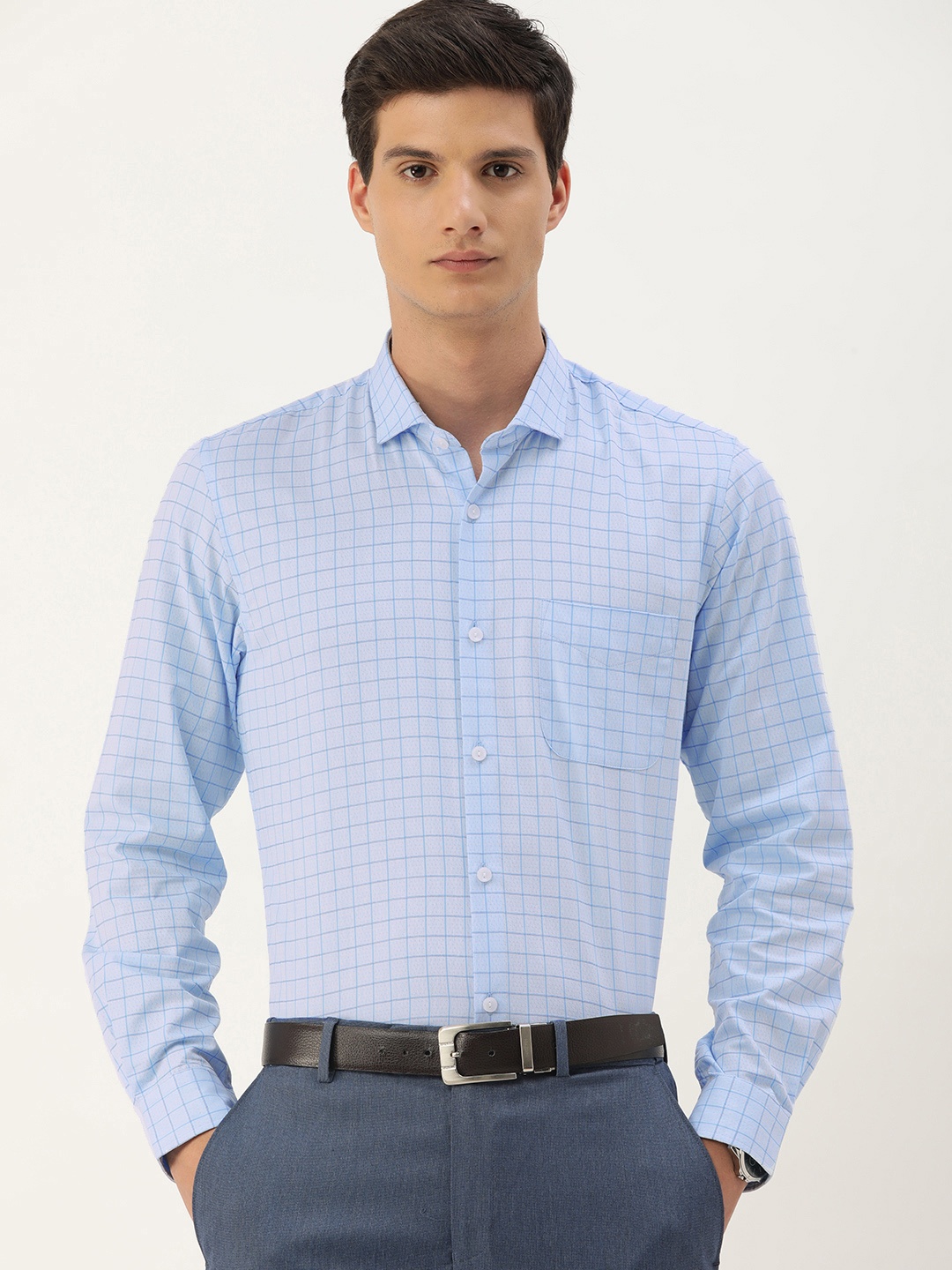 

Peter England Men Slim Fit Opaque Checked Formal Shirt, Blue