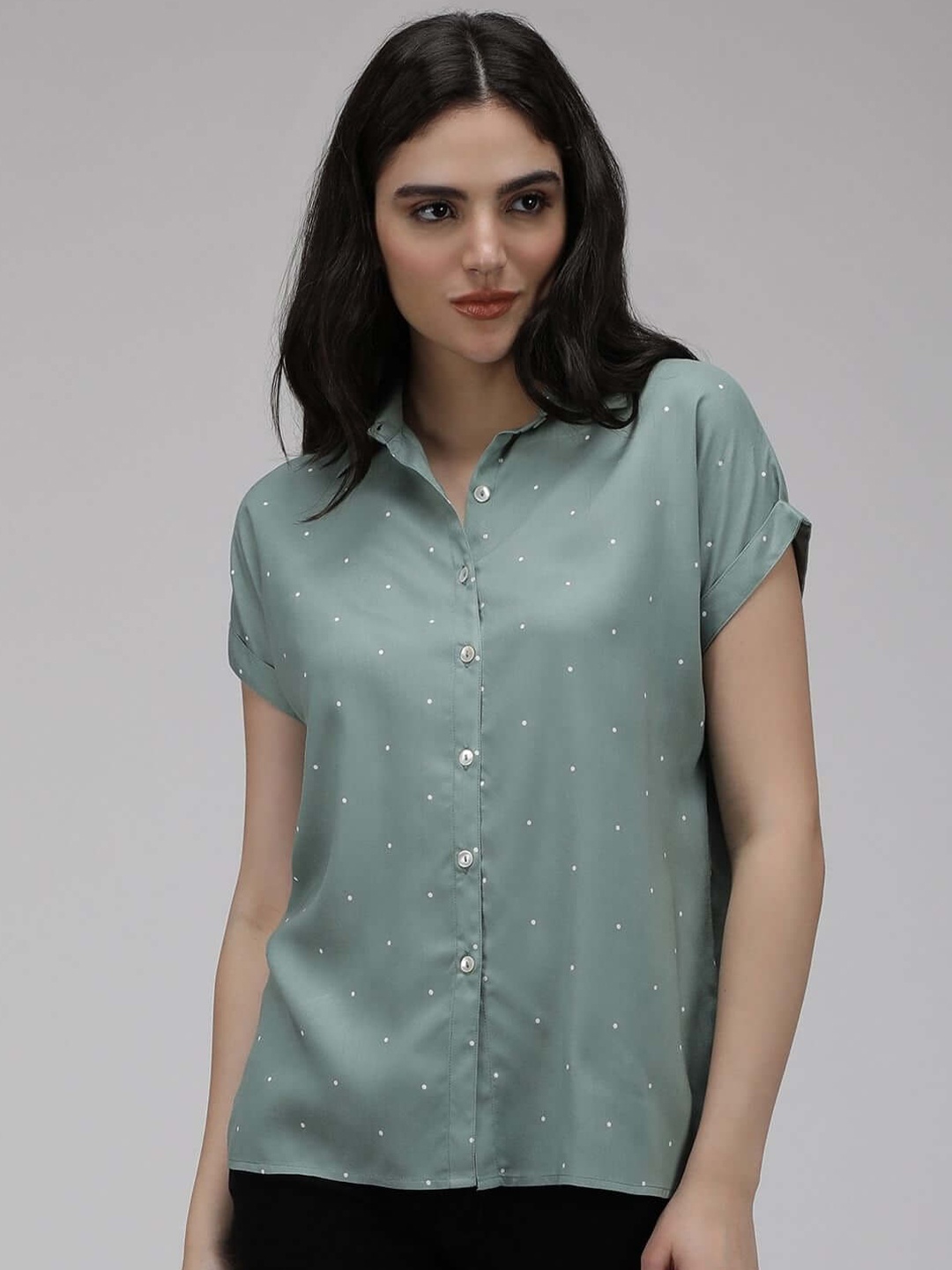 

IDK Polka Dots Printed Shirt Style Top, Green