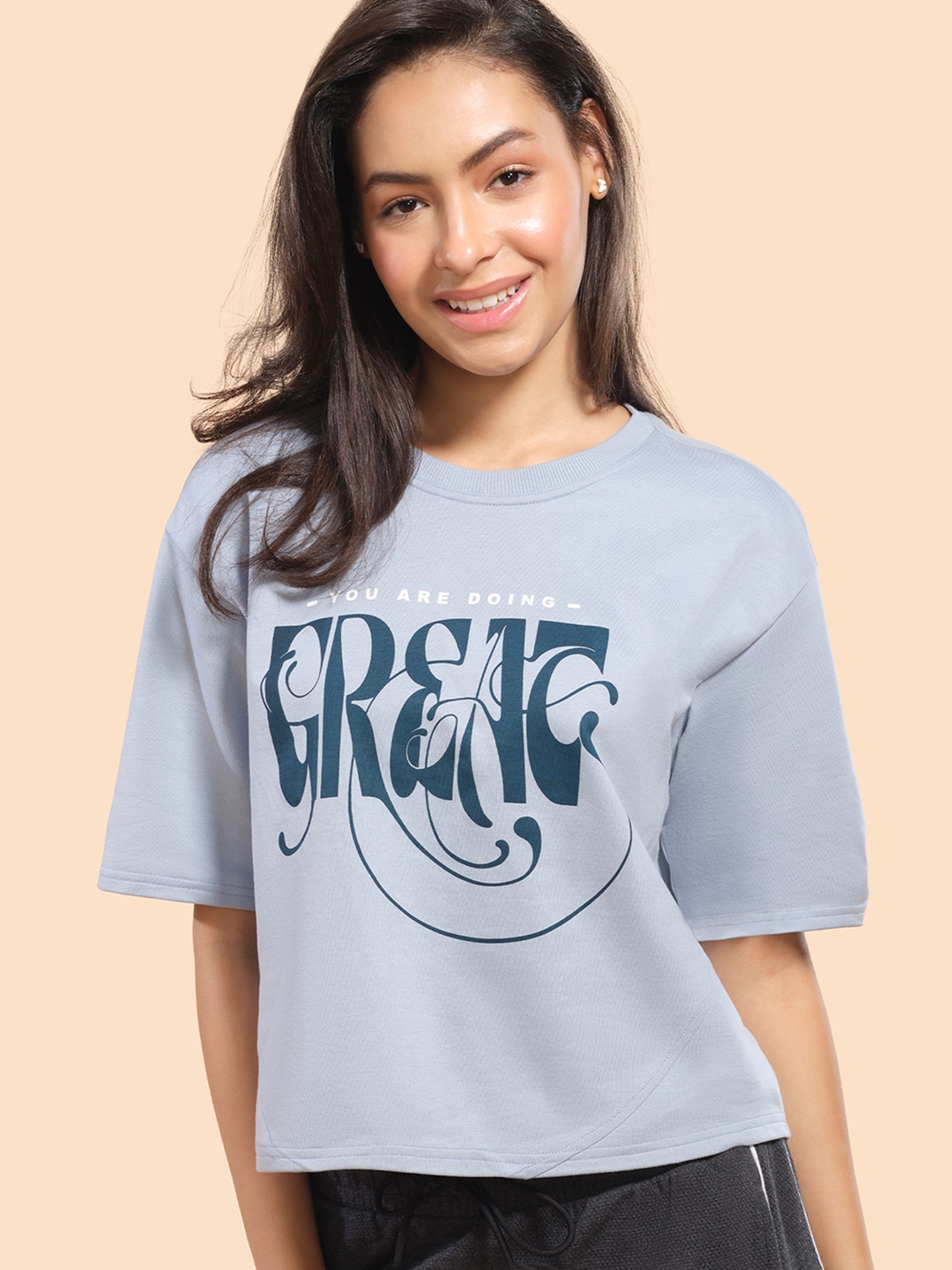 Enamor Typography Printed Oversized Cotton T-shirt, Blue