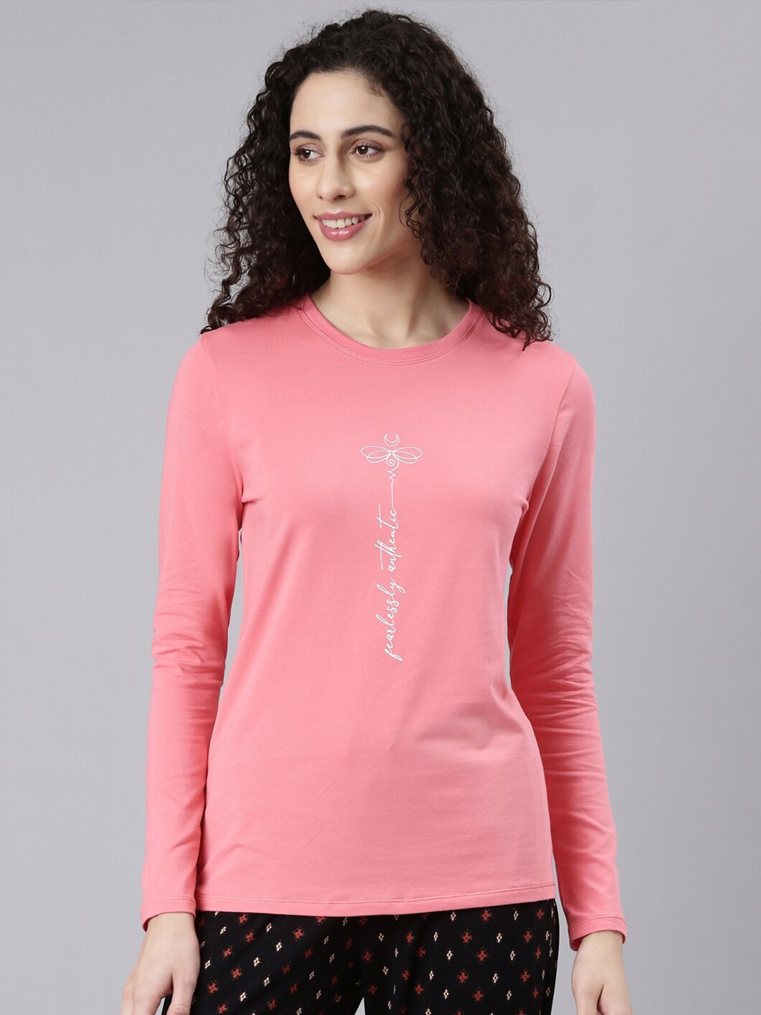 

Enamor Typography Printed Long Sleeves Cotton Slim Fit Lounge Tshirt, Pink