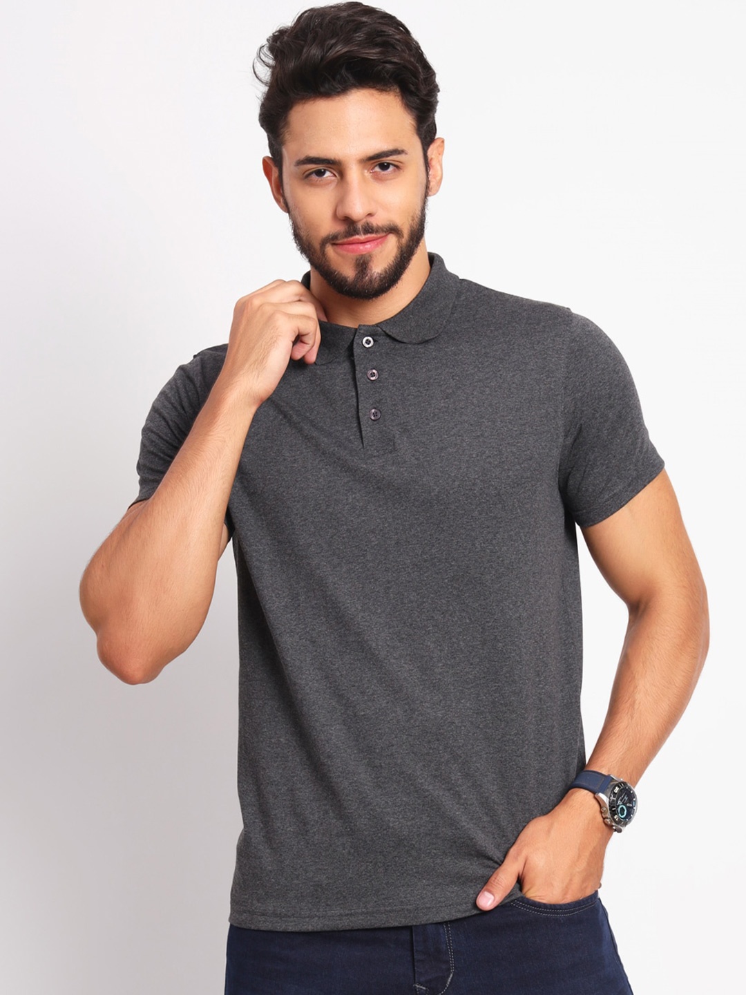 

appulse Polo Collar Slim Fit Cotton T-shirt, Charcoal