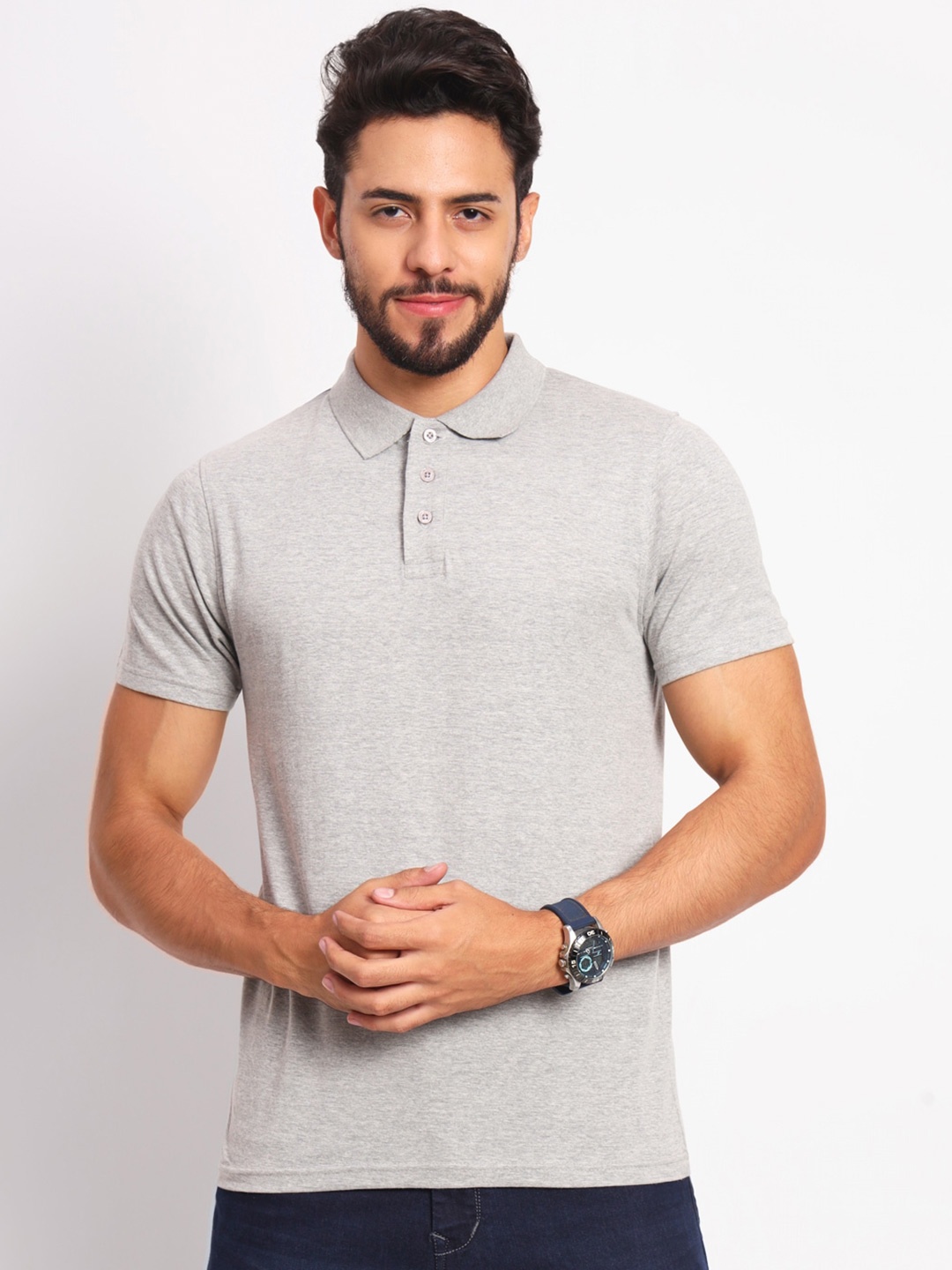 

appulse Polo Collar Slim Fit Cotton T-shirt, Grey melange