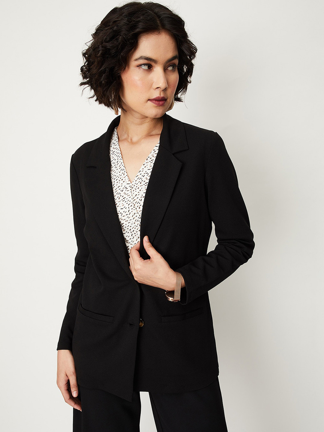 

max Notched Lapel Collar Single-Breasted Casual Blazers, Black