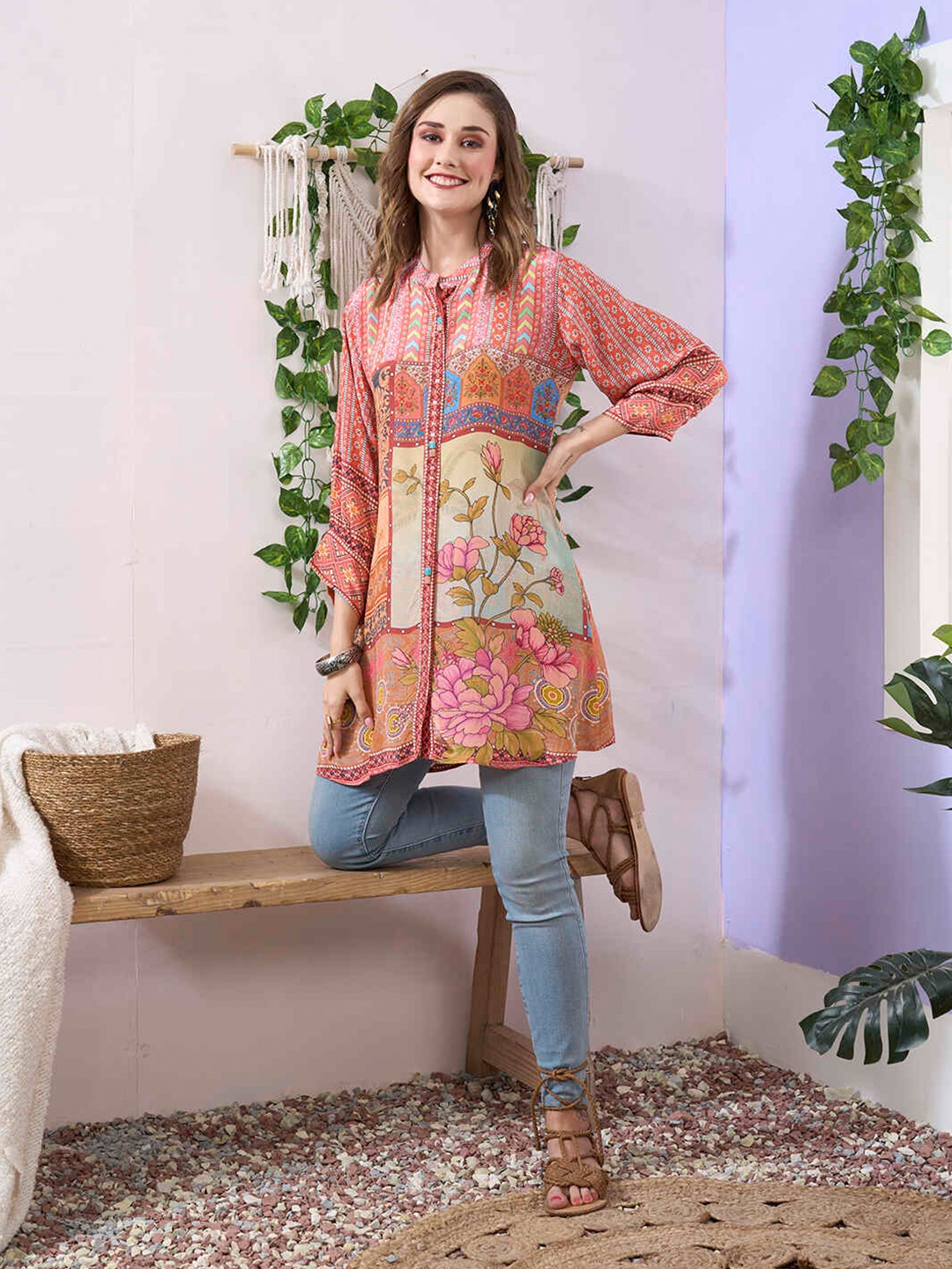 

ZOLA Pink & Blue Mandarin Collar Printed Ethnic Cotton Tunics