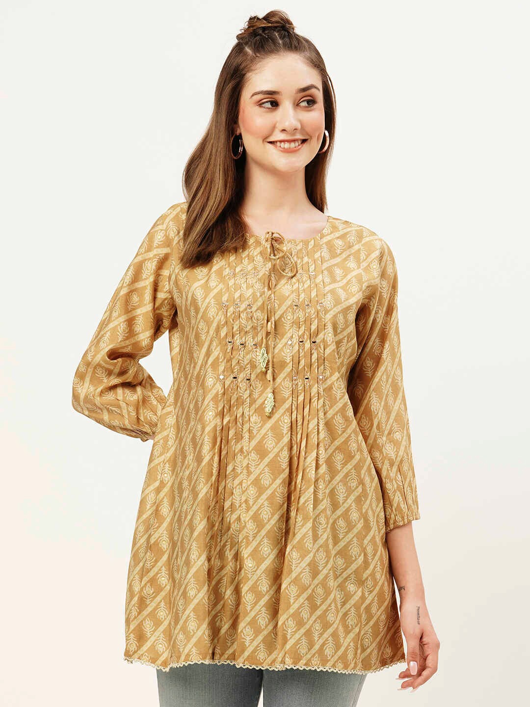 

ZOLA Mustard Yellow Floral Printed Silk Tie-Ups Neck Tunic