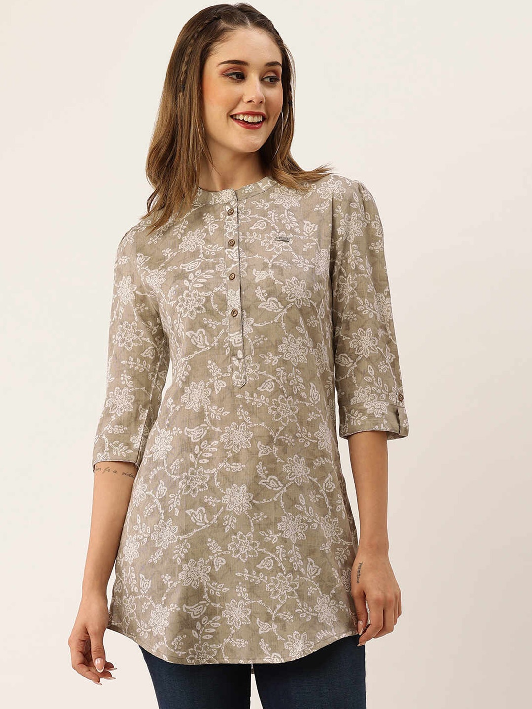 

ZOLA Grey & White Floral Printed Mandarin Collar Tunic