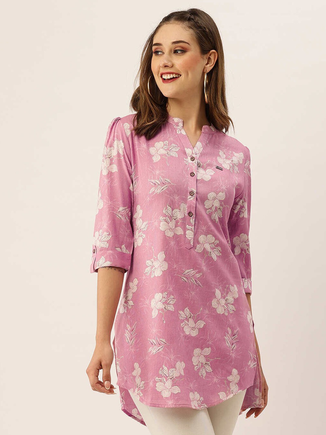 

ZOLA Pink & White Floral Printed Mandarin Collar Tunic