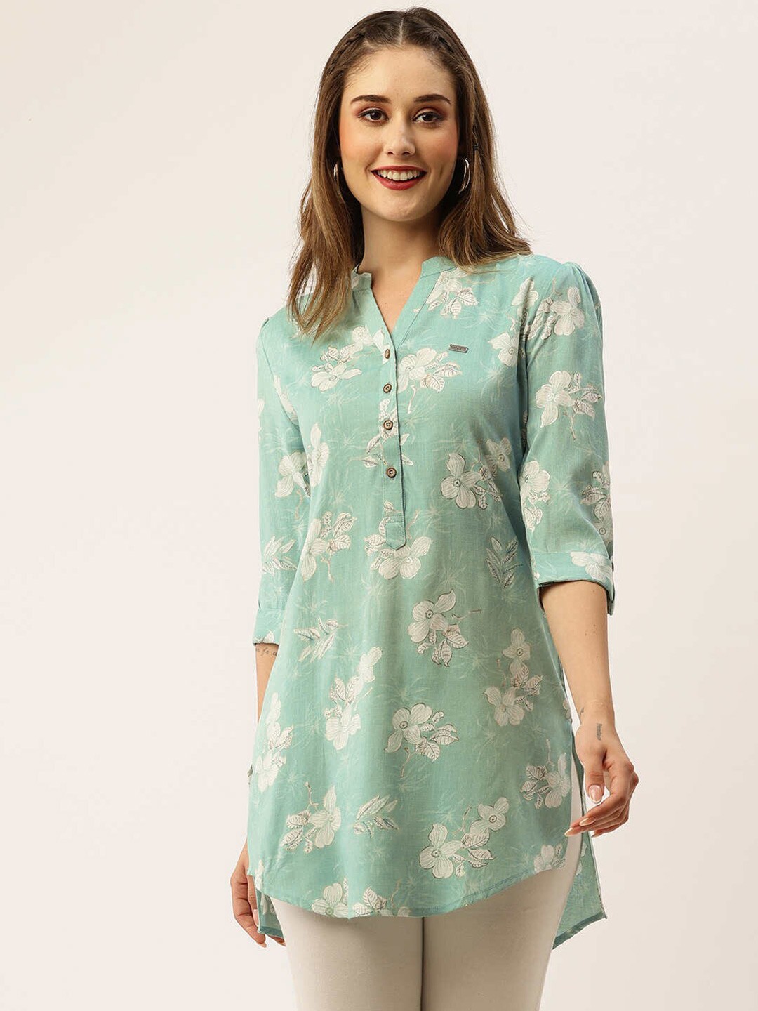 

ZOLA Turquoise Blue & White Floral Printed Mandarin Collar Tunic
