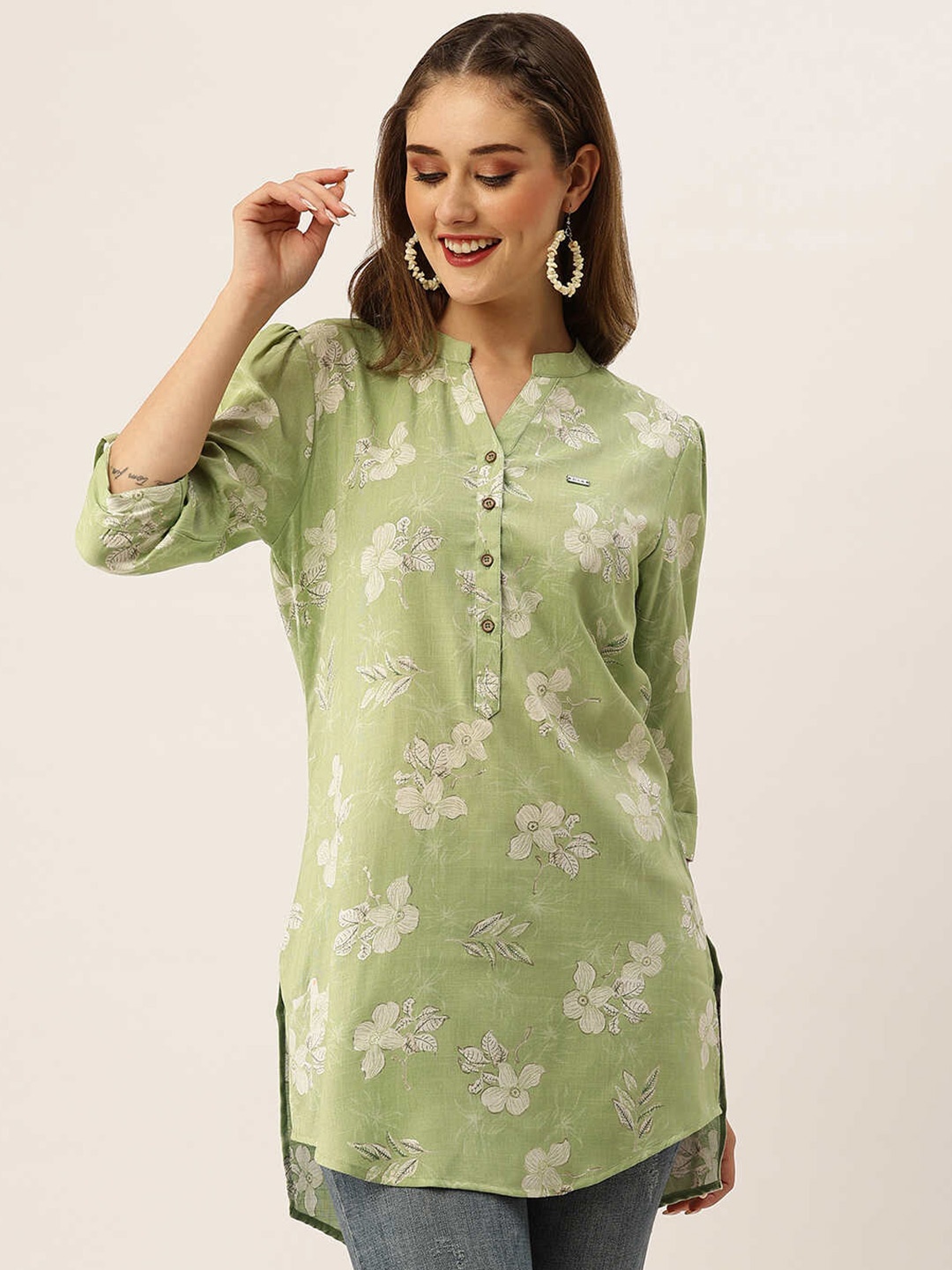

ZOLA Green & White Floral Printed Mandarin Collar Tunic