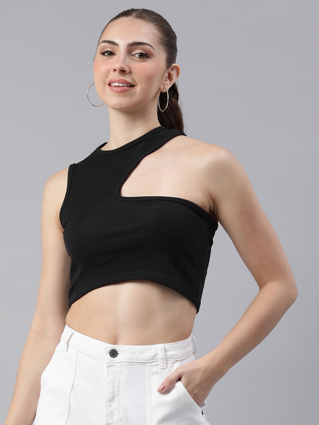 

London Rag Solid Fitted Crop Top, Black