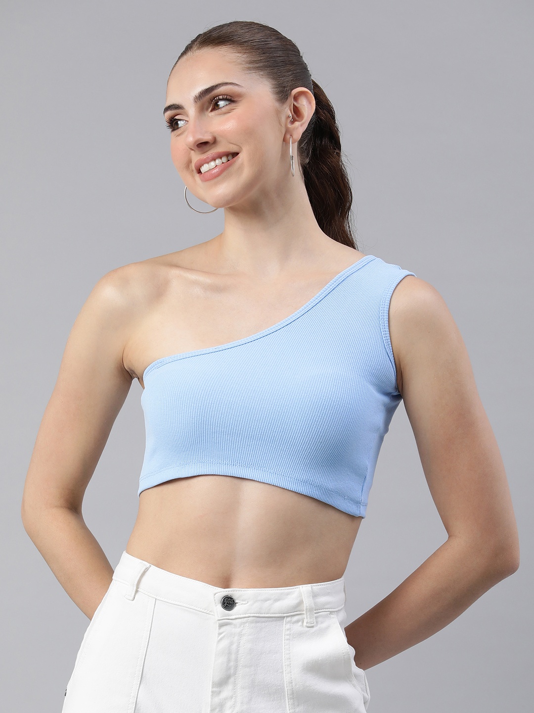 

London Rag One Shoulder Crop Top, Turquoise blue