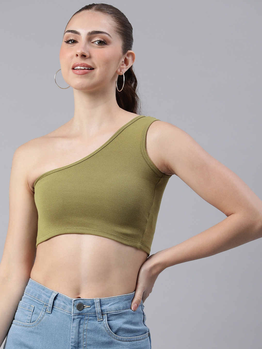 

London Rag One Shoulder Crop Top, Olive