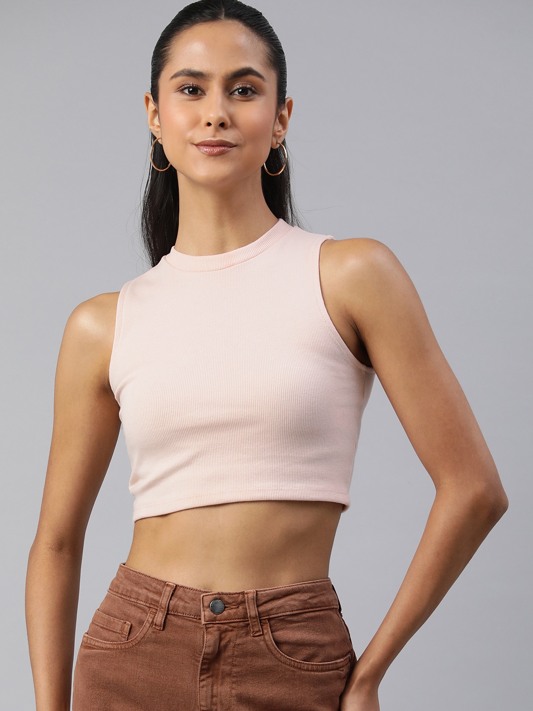 

London Rag Solid Fitted Crop Top, Pink