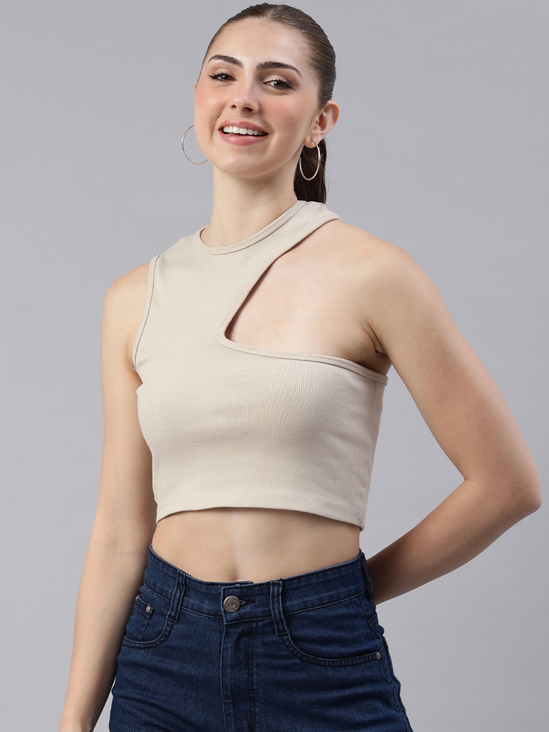 

London Rag Solid Fitted Crop Top, Beige
