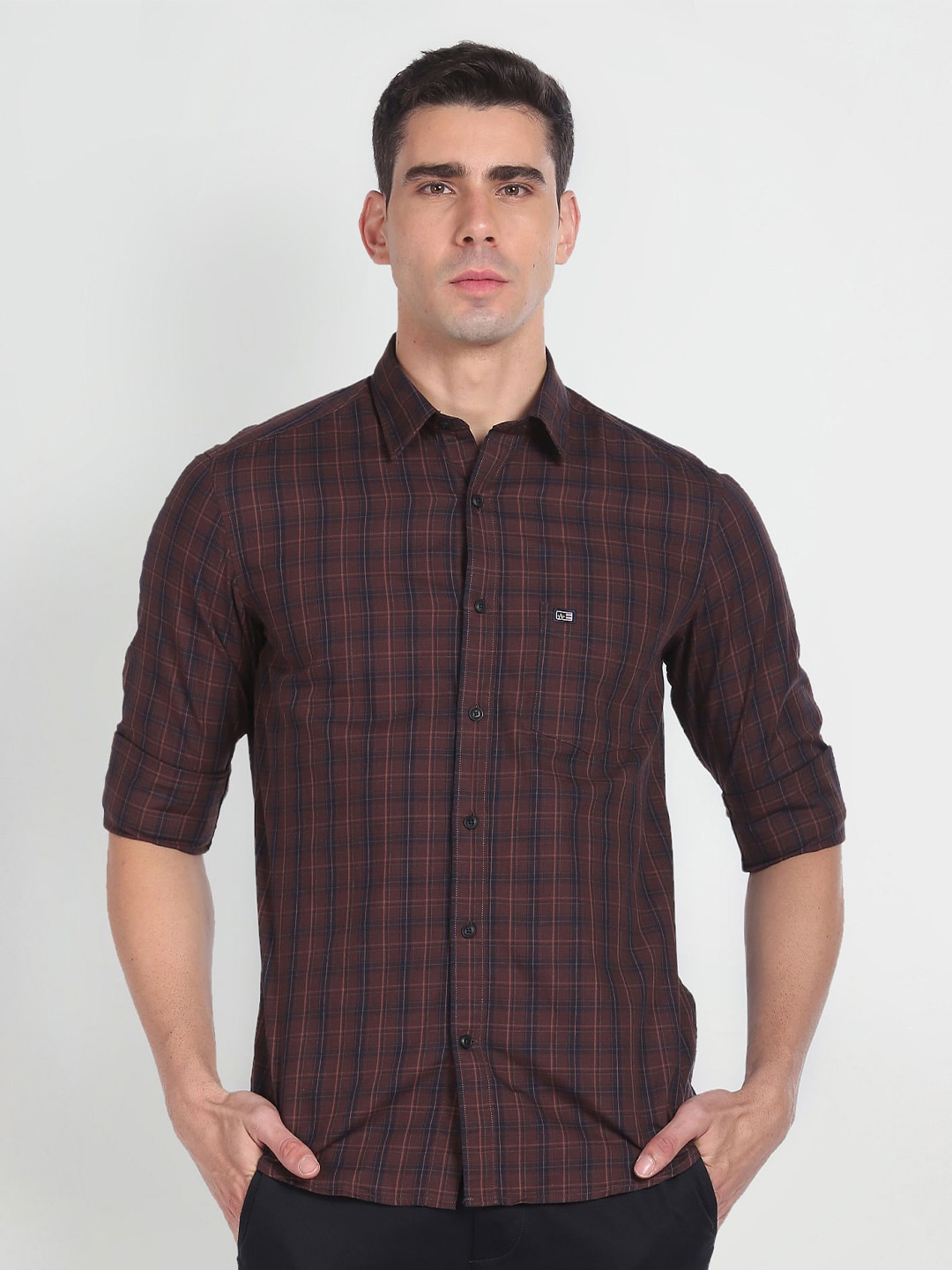 

Arrow Sport Slim Fit Tartan Checks Checked Pure Cotton Casual Shirt, Brown