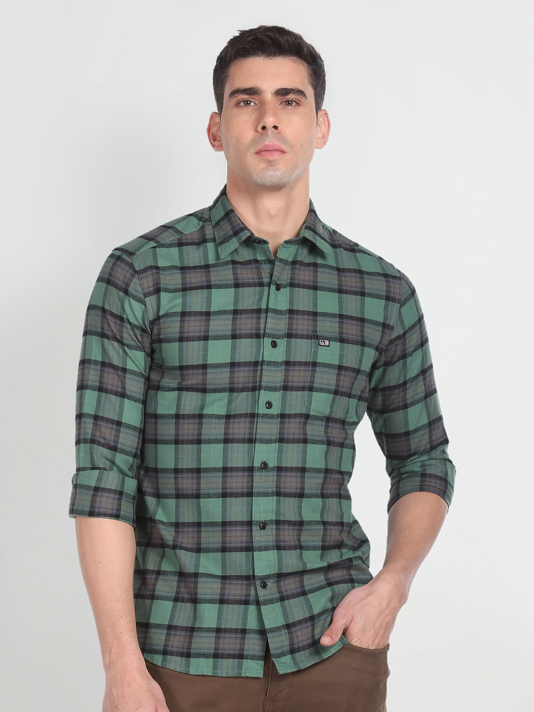 

Arrow Sport Slim Fit Checked Twill Weave Pure Cotton Casual Shirt, Green