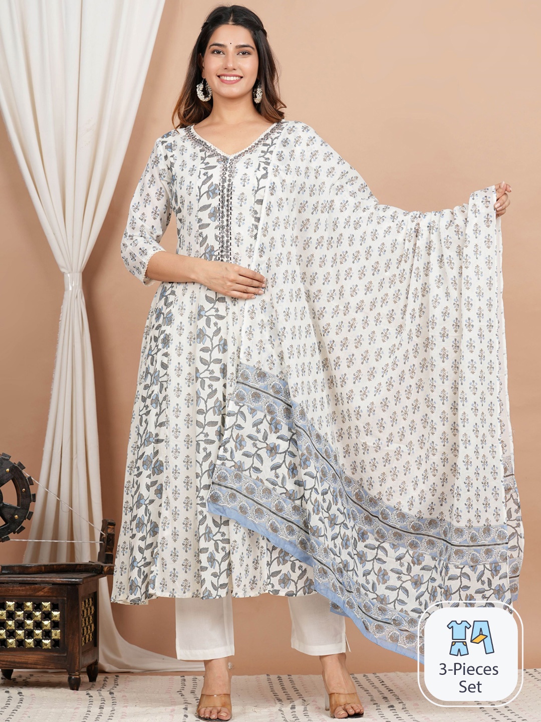 

ZOYOTO Floral Printed Mirror Work Pure Cotton Anarkali Kurta with Trousers & With Dupatta, Blue