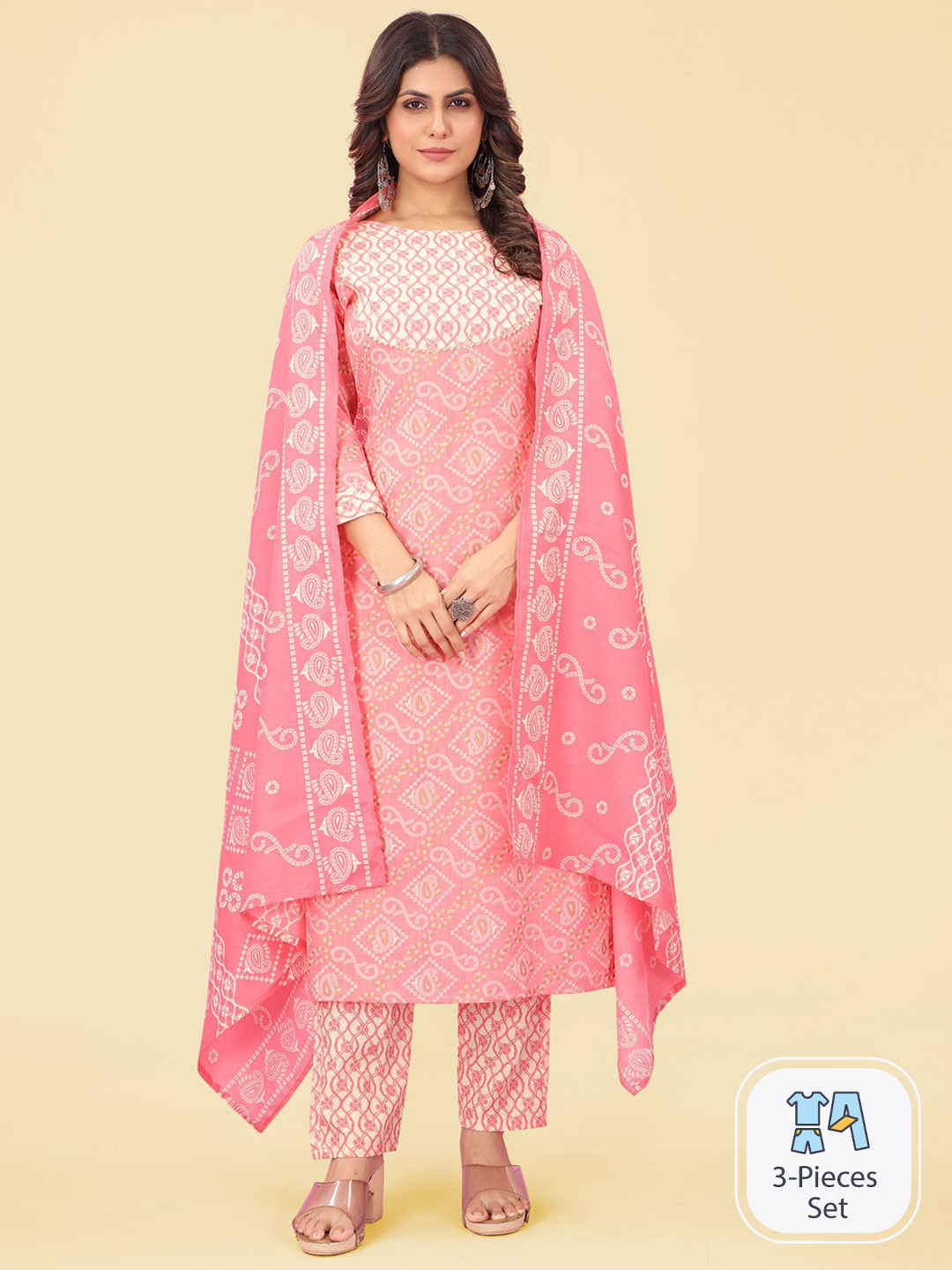 

PREMROOP- THE STYLE YOU LOVE Bandhani Printed Gotta Patti Kurta With Trousers & Dupatta, Pink